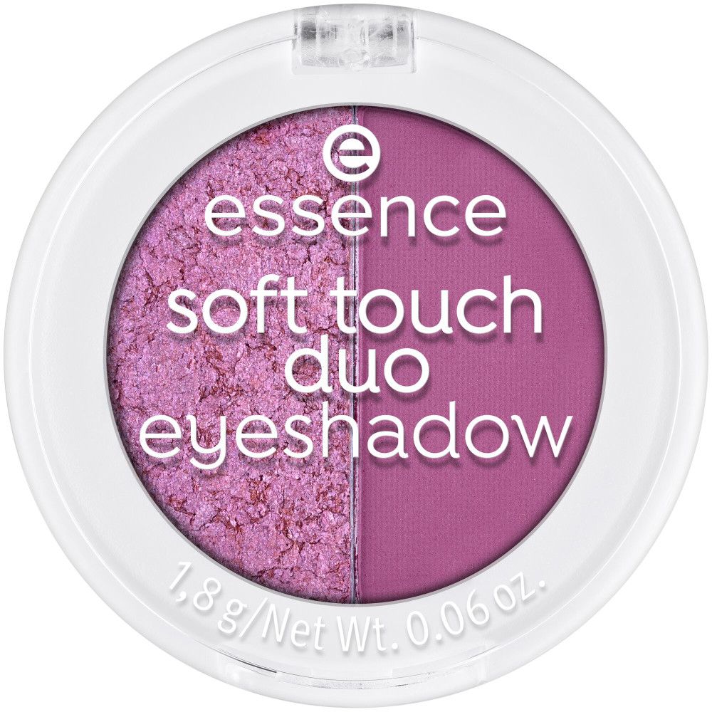 Ombre à paupières Essence Soft Touch Duo. Récipient blanc avec deux teintes roses. Nom du produit et poids.