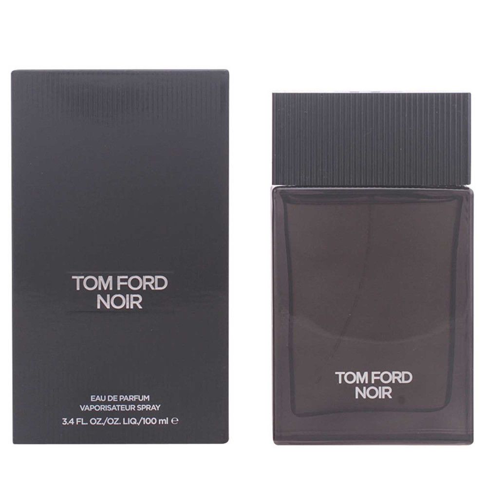 Flacon noir et emballage. Inscription TOM FORD NOIR en blanc. Texte sur l'emballage.