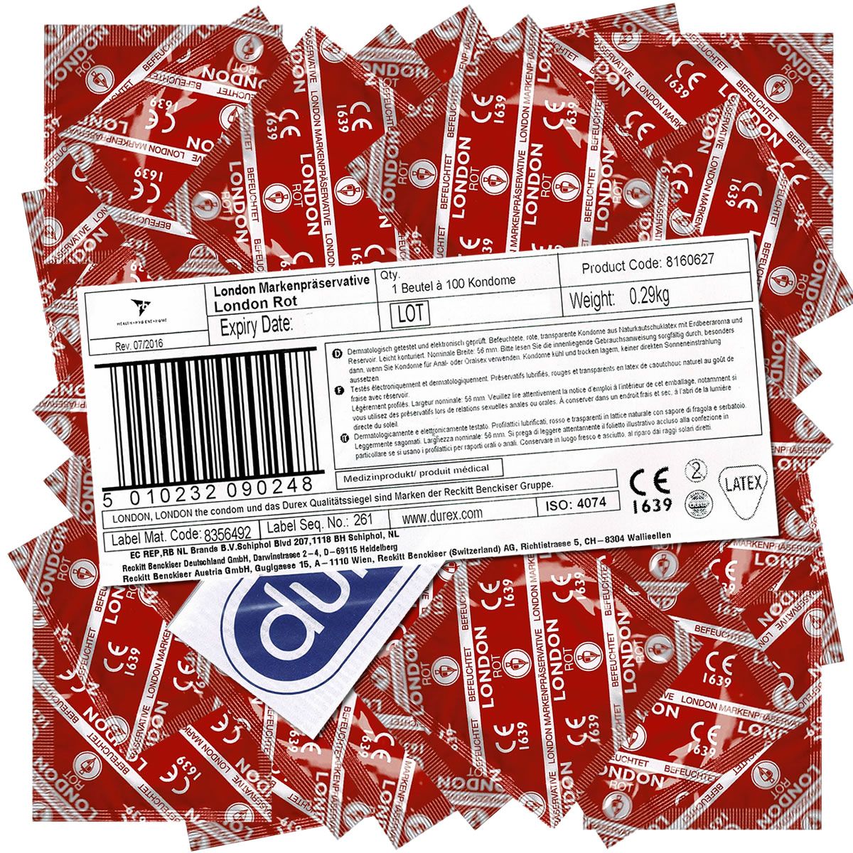 Condooms met rode verpakking. Etiket met productinfo, barcode en Durex-logo. Tekst: London Rot.