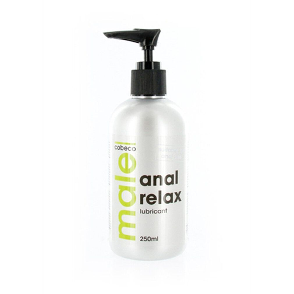 Zilveren fles met zwarte pomp. Opschrift: male, anal relax lubricant, 250ml. Merk: cobeco.
