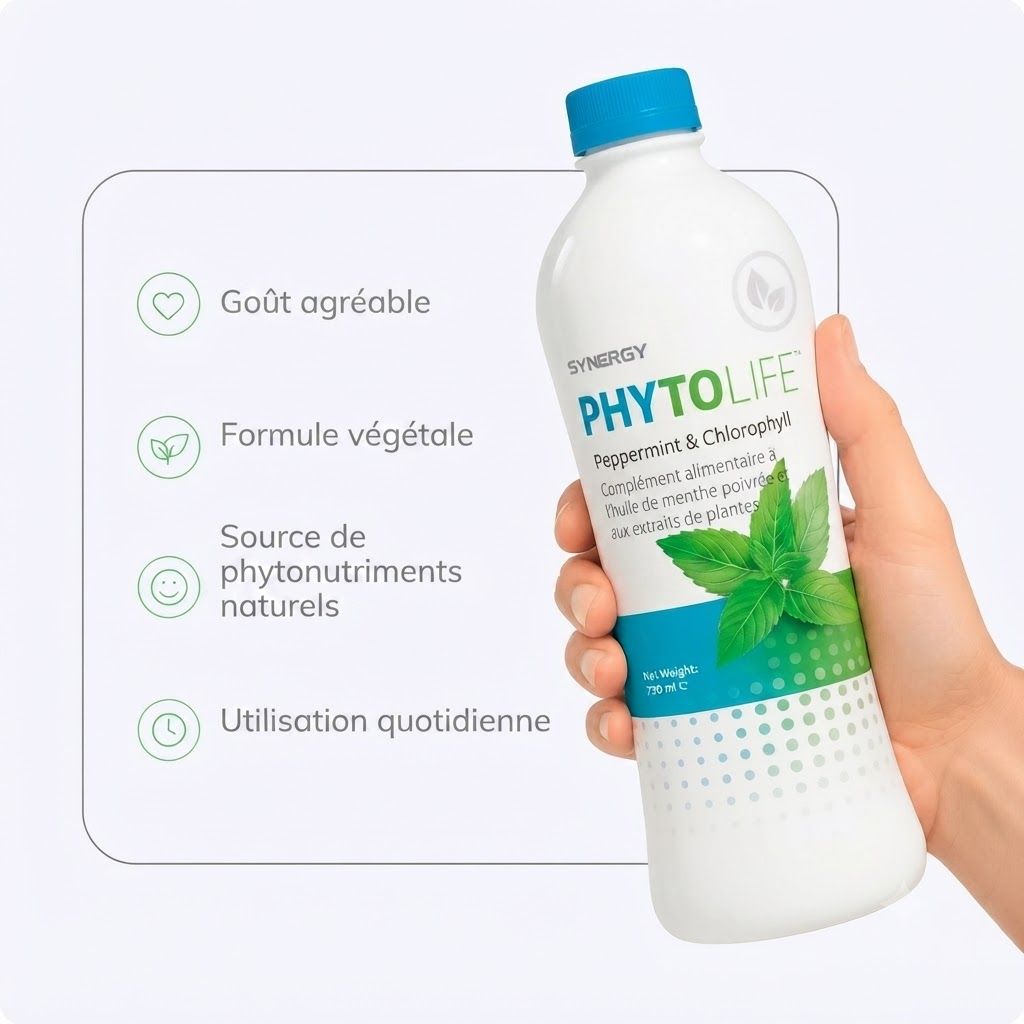 Une main tient une bouteille blanche PHYTO LIFE Peppermint & Chlorophyll avec un bouchon bleu. À gauche, des icônes avec du texte sur le goût, la formule, les nutriments et l'usage quotidien.