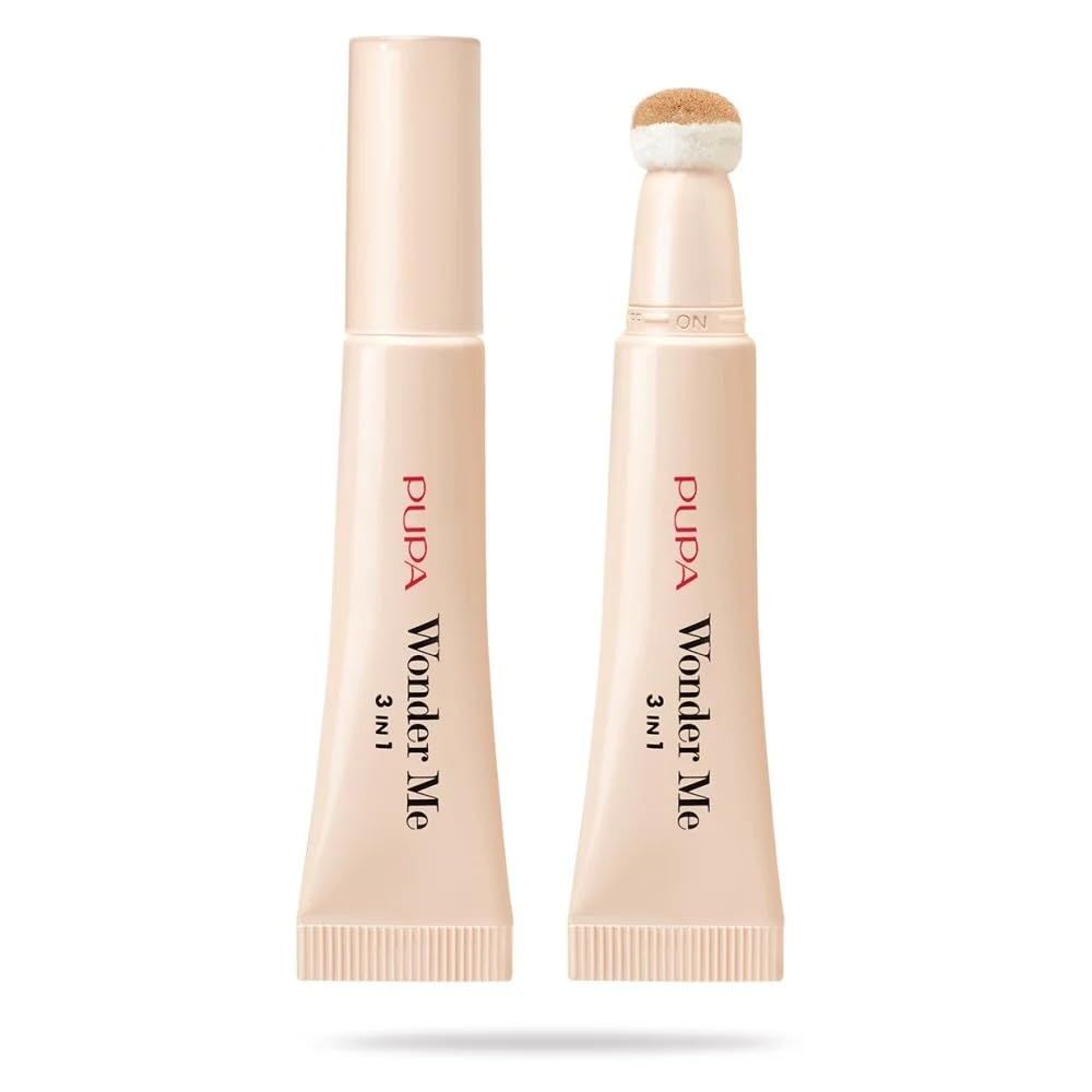 Deux applicateurs Pupa Wonder Me 3en1 Fluide beige. Un avec capuchon, l'autre avec embout éponge.