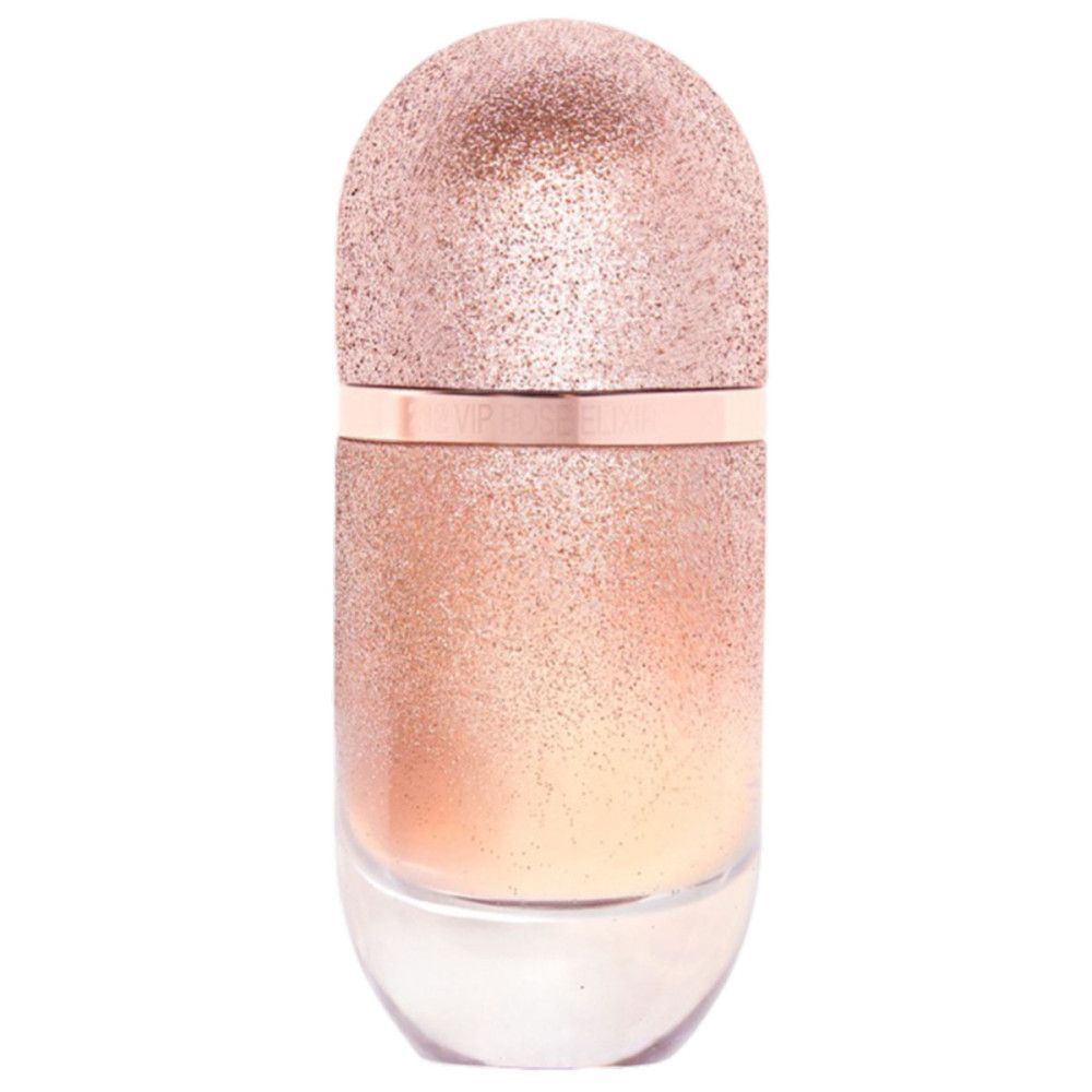 Flacon rose scintillant. Anneau doré avec inscription : 212 VIP Rosé Élixir.