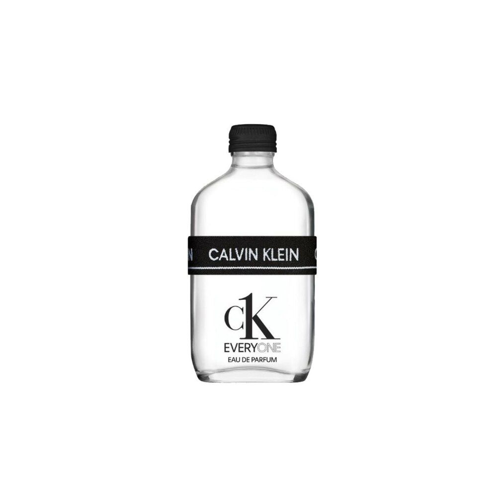 Flacon transparent avec bouchon noir et bande "CALVIN KLEIN". Inscription "ck EVERYONE EAU DE PARFUM".