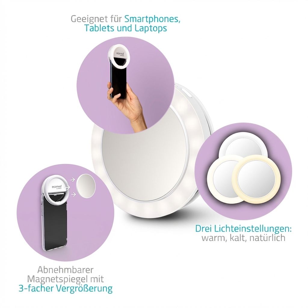 Selfiemirror met LED-ringlicht, afneembaar, 3x vergroting, 3 lichtinstellingen.