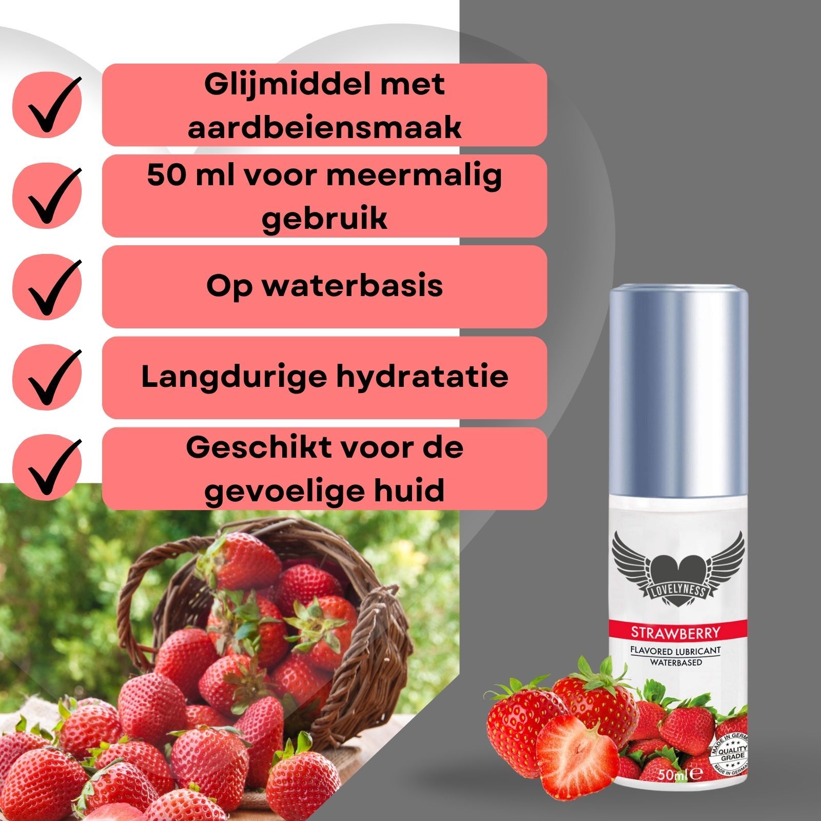 Glijmiddel fles met aardbeien en tekst. Tekst: Strawberry, Flavored Lubricant, Waterbased.