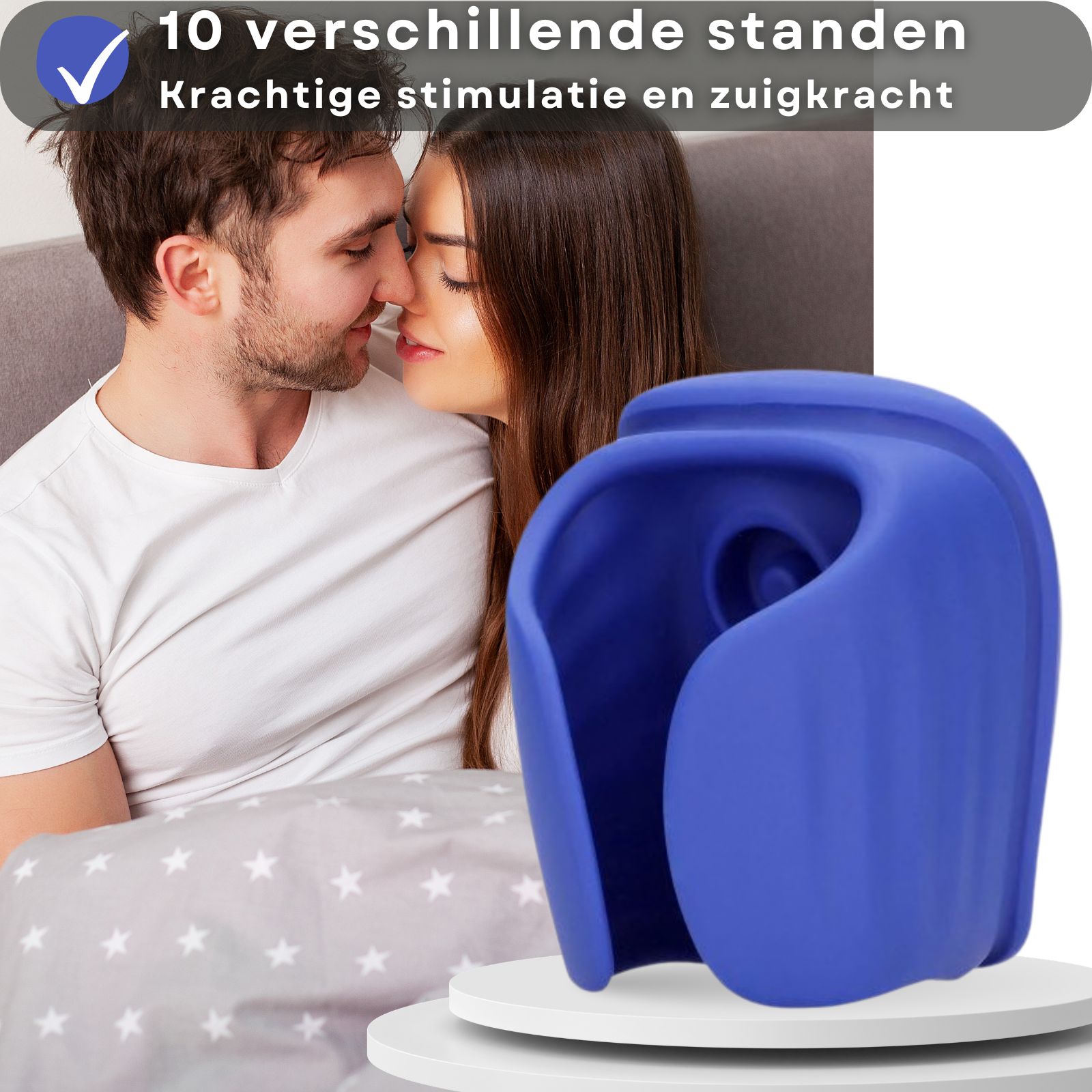 Blauw product met tekst. 10 standen, krachtige stimulatie. Koppel in bed.