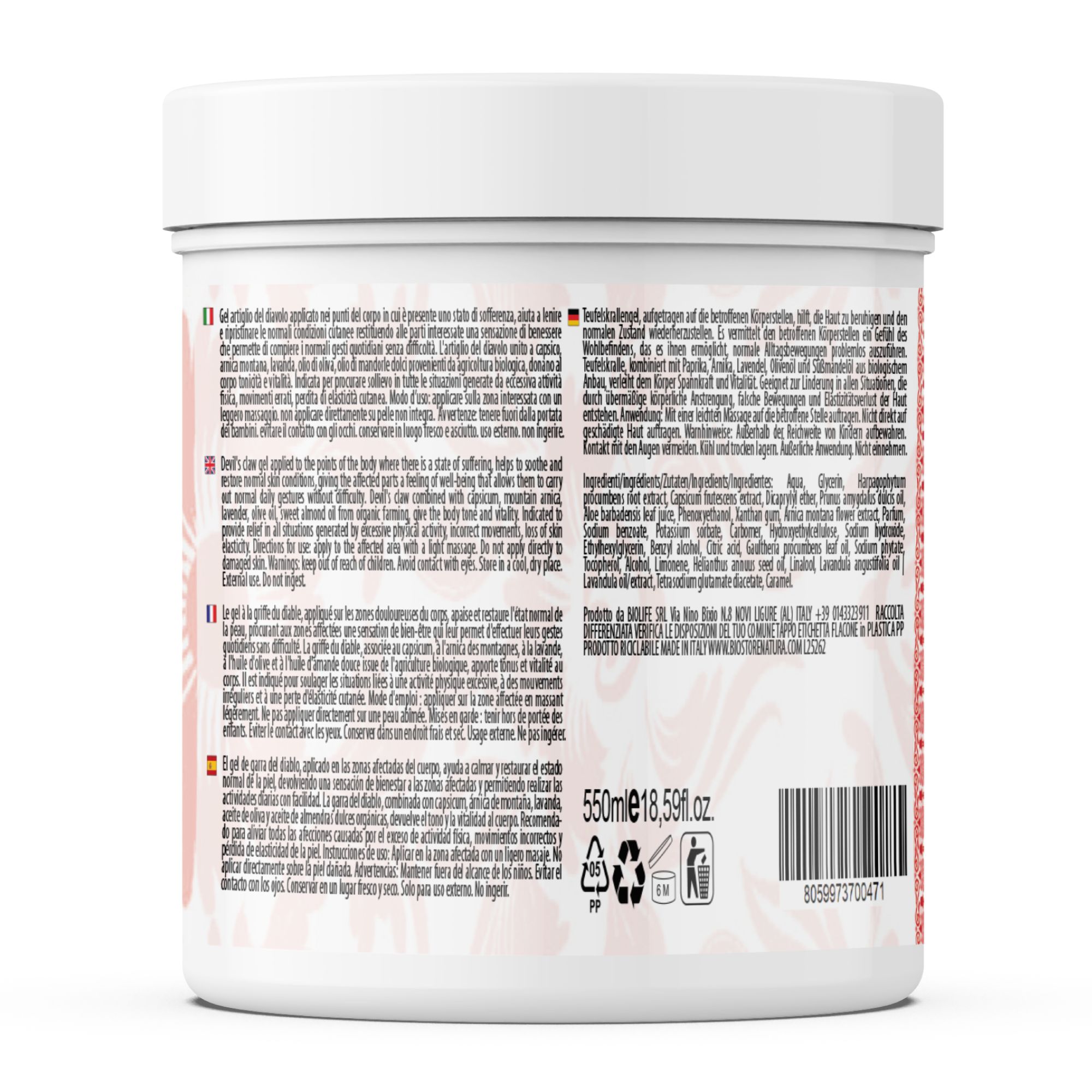 Witte pot met productinformatie en ingrediënten. Tekst in het Duits, Italiaans, Frans en Engels. 550ml.