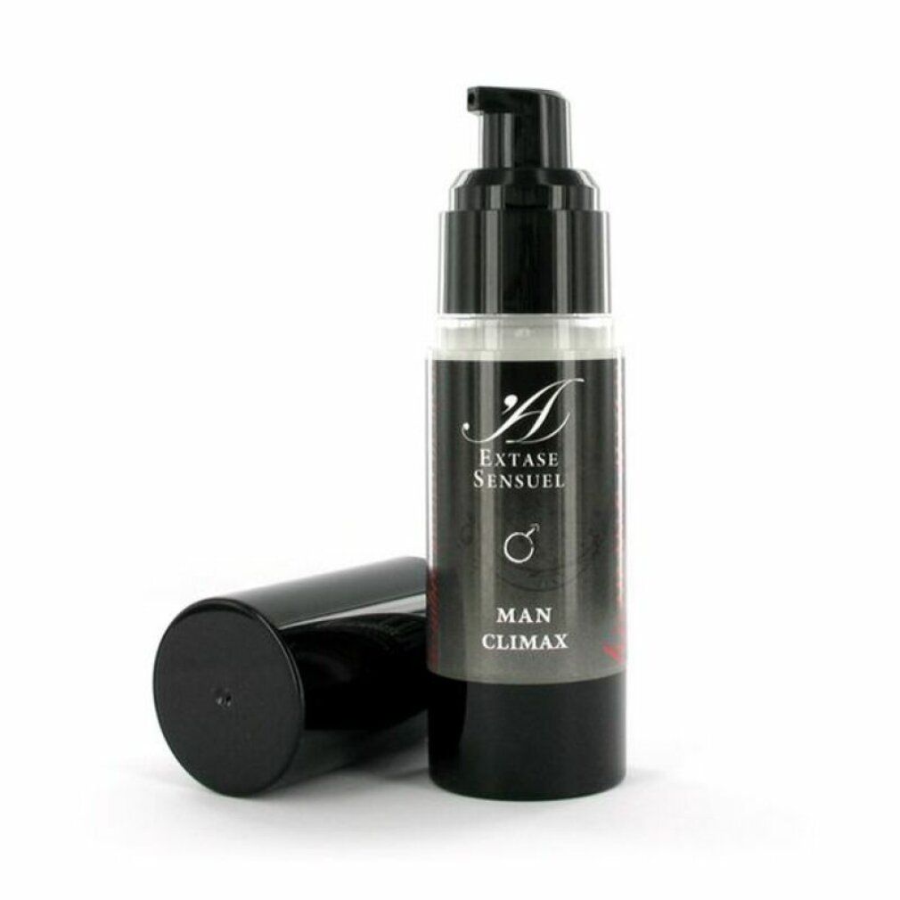 Flacon pompe avec bouchon noir, bouchon posé à côté. "Extase Sensuel MAN CLIMAX".