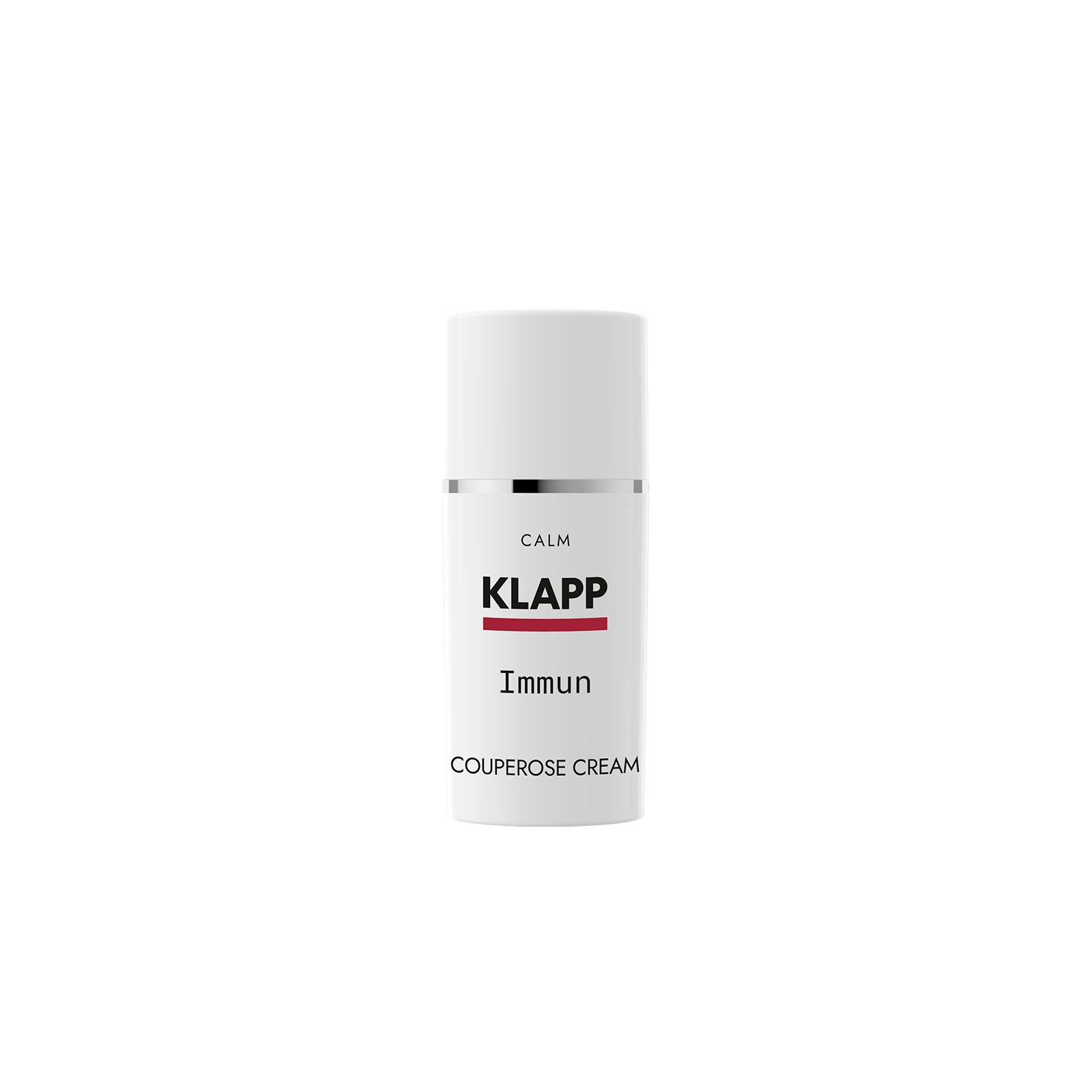 Witte fles met zilveren ring. Boven: CALM. Midden: KLAPP, rode balk, Immun. Onder: Couperose Cream.