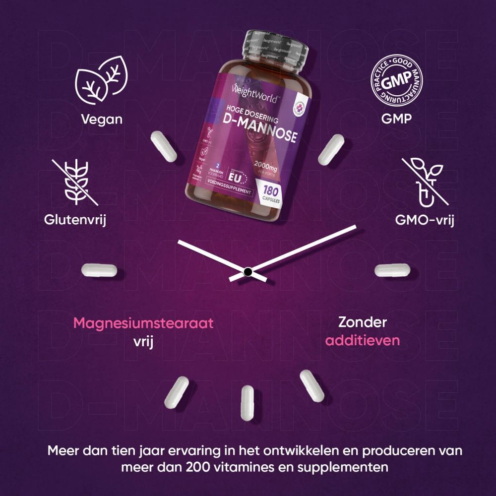 Bruine fles D-Mannose capsules. Tekst: Hoge dosering, 2000mg, 180 capsules. GMP-certificering.