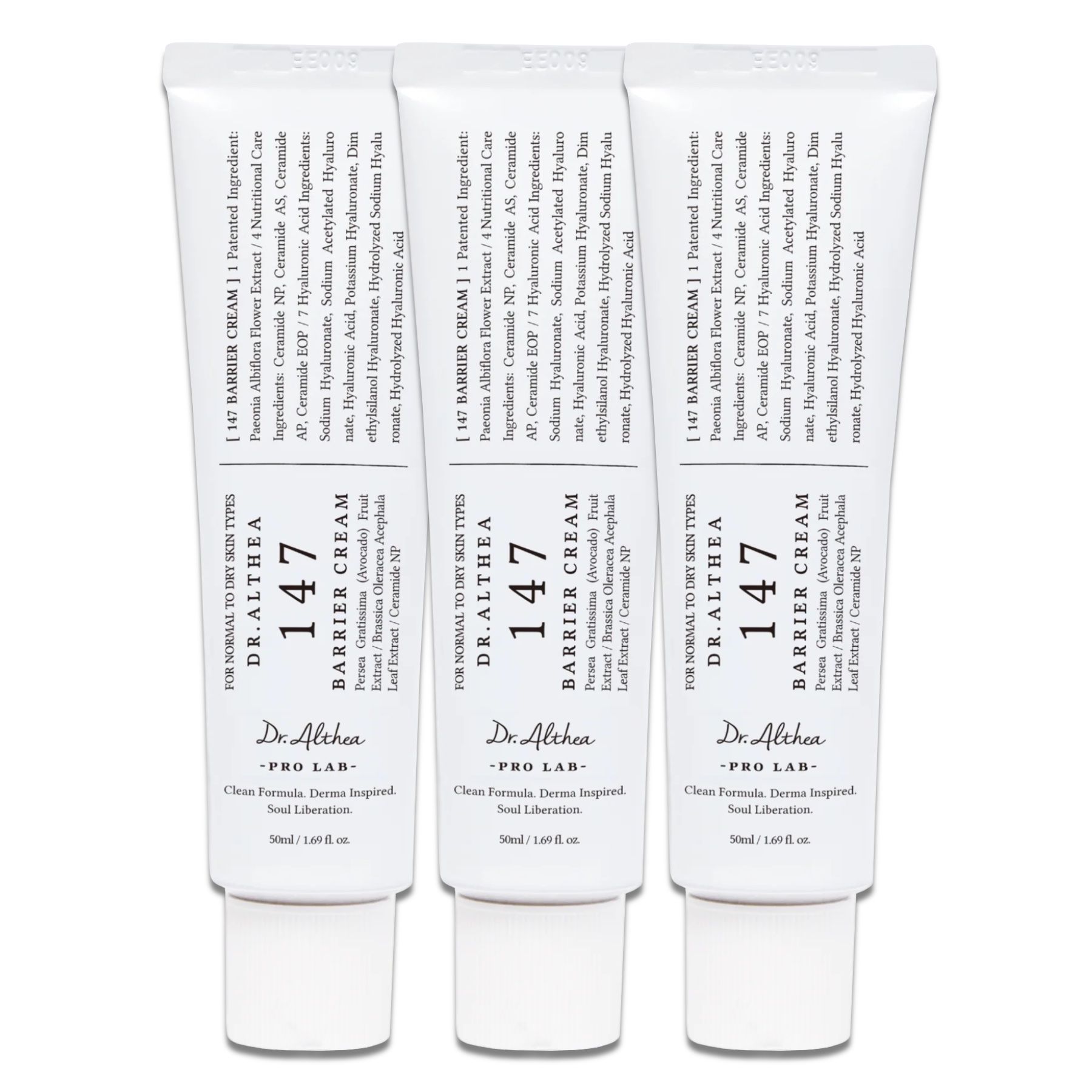 Trois tubes de Dr. Althea 147 Barrier Cream. Tubes blancs avec texte noir. Nom du produit et ingrédients visibles.