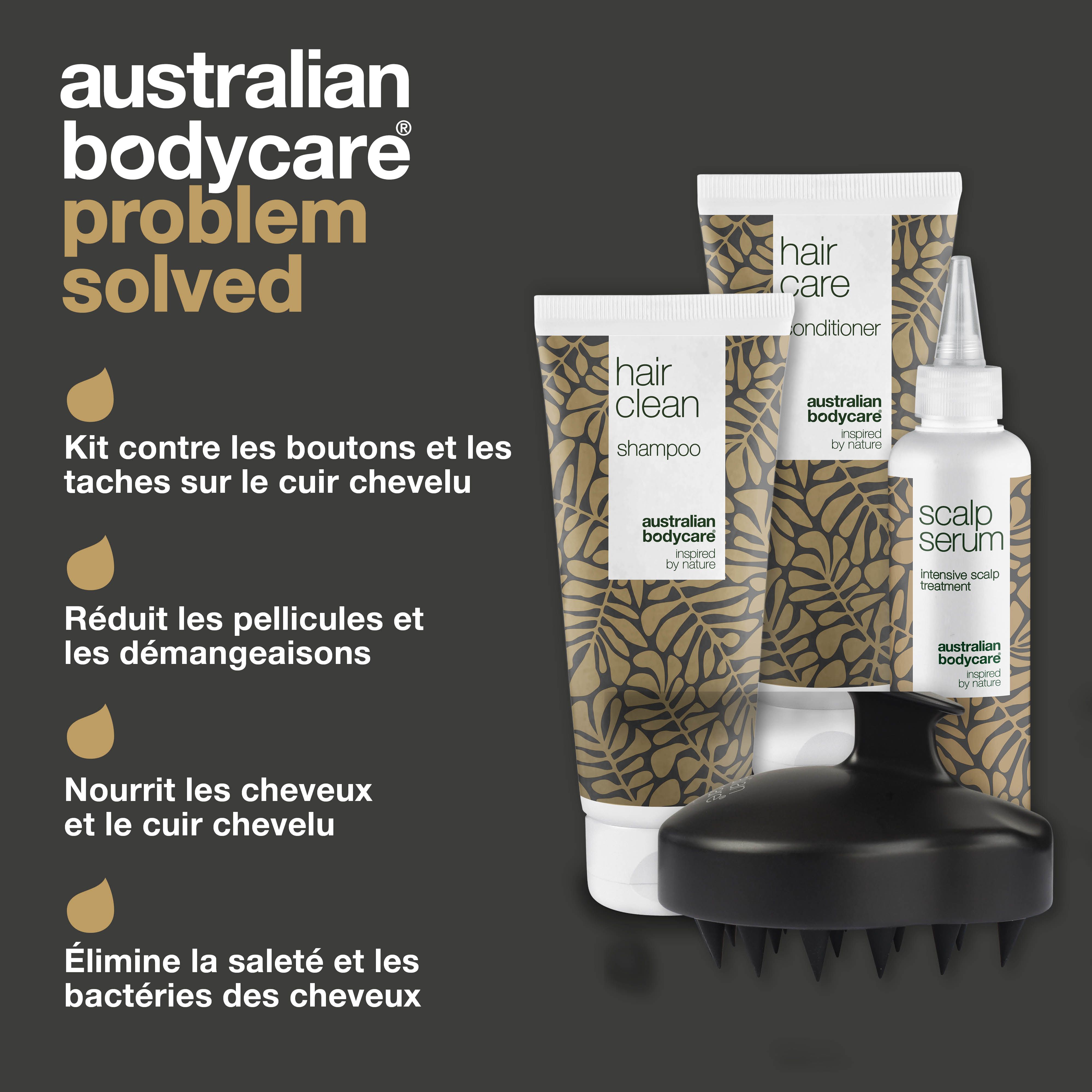 Ensemble de produits avec shampooing, après-shampooing, sérum et brosse cuir chevelu. Texte : Problème résolu. Avantages du produit.