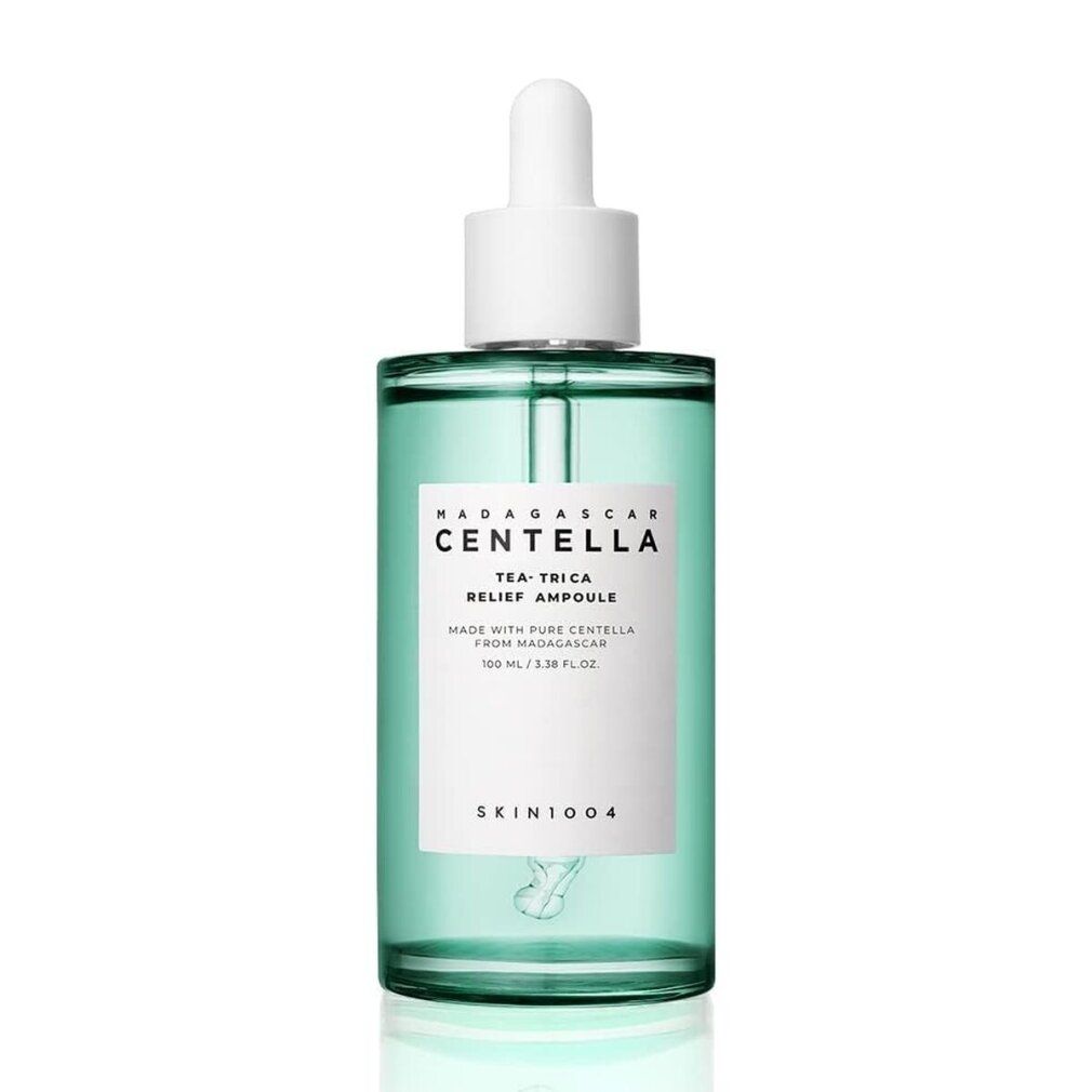 Flacon en verre vert avec pipette, SKIN1004 Centella Tea-Trica Relief Ampoule, 100ml.