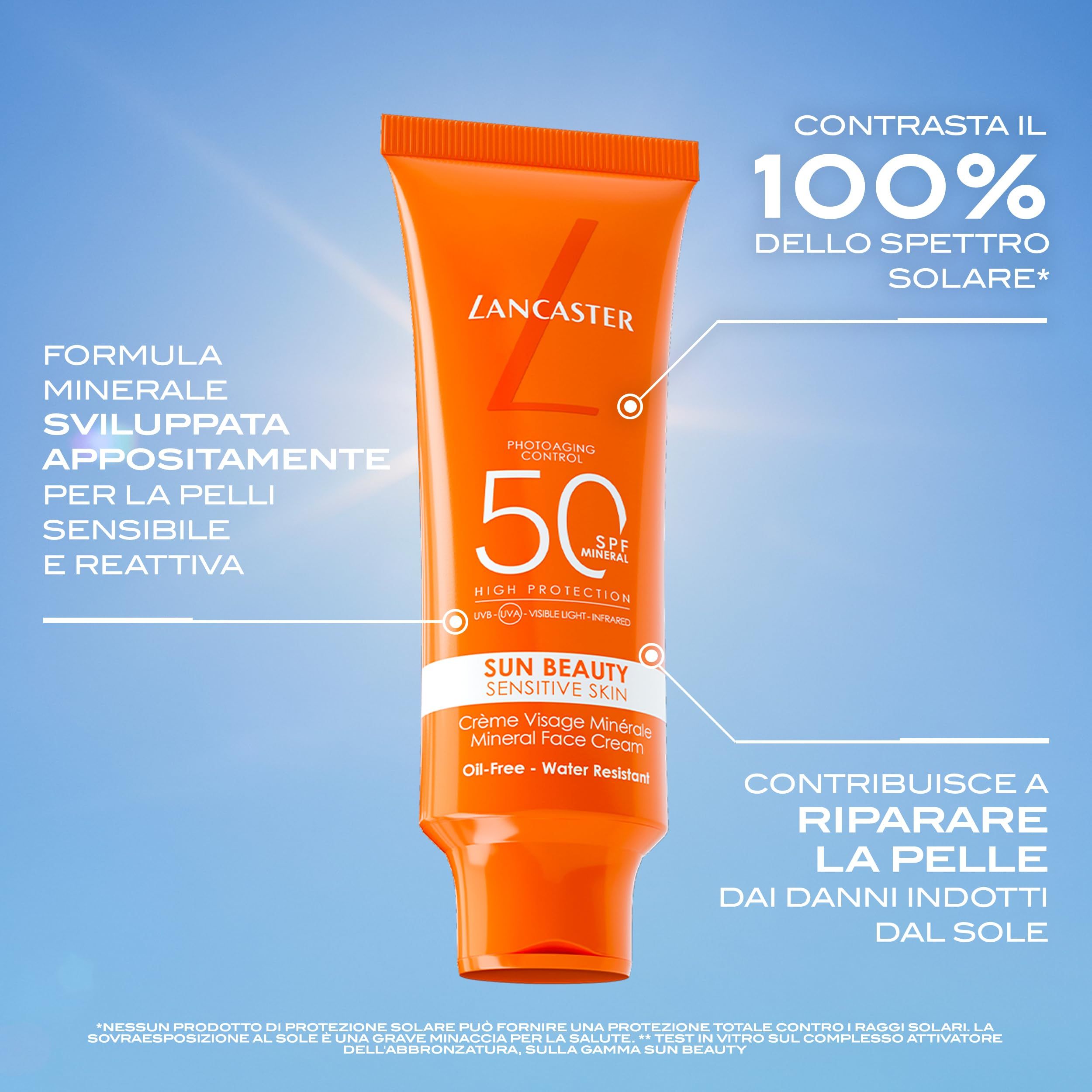 Crème solaire Lancaster, SPF 50, avec texte sur formule minérale.