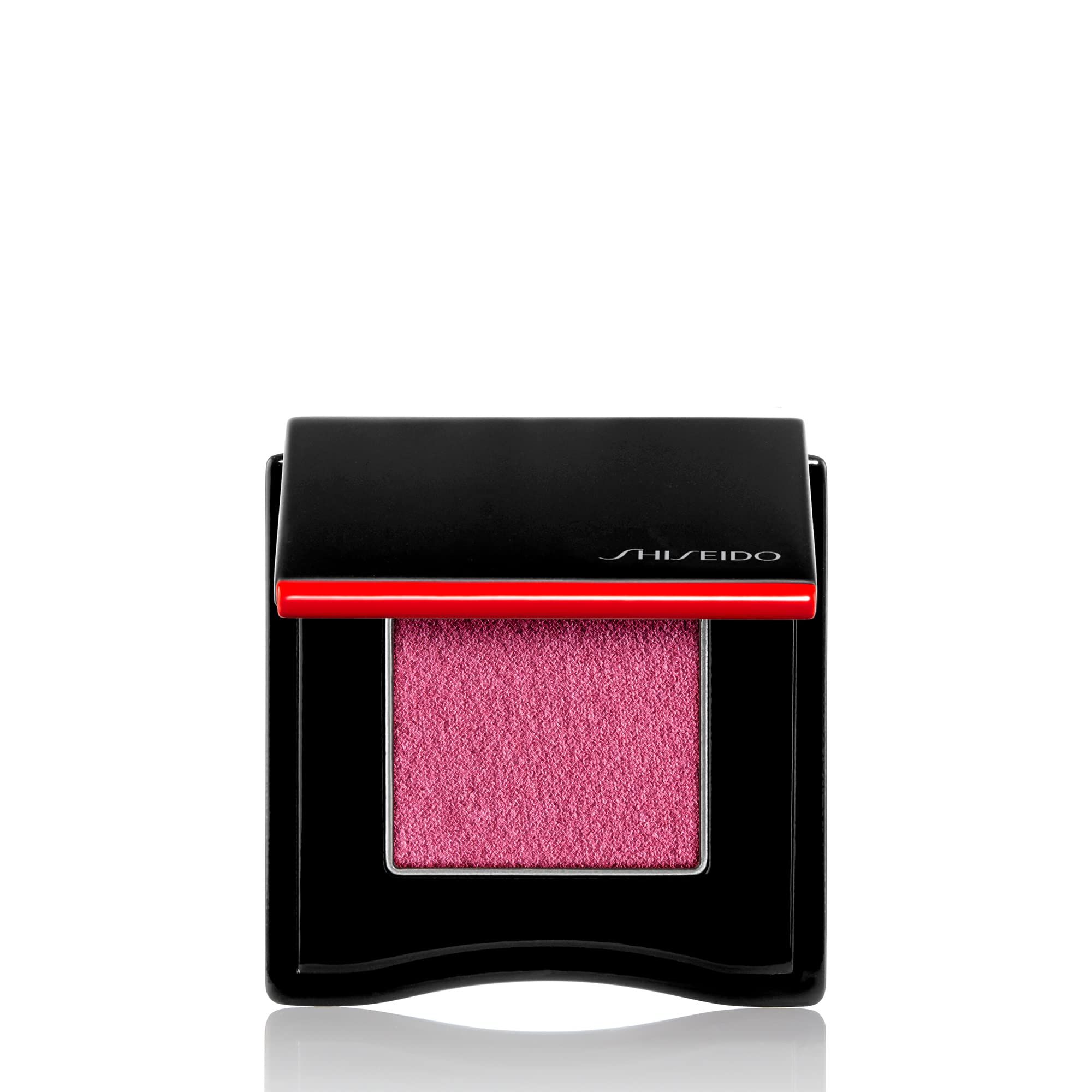 Boîtier de fard à paupières noir carré avec fard à paupières rose. Bande rouge et inscription SHISEIDO. Couvercle fermé.