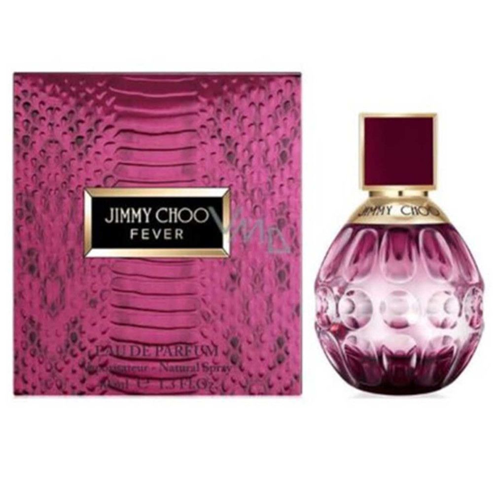 Flacon Jimmy Choo Fever Eau de Parfum et sa boîte à texture peau de serpent.
