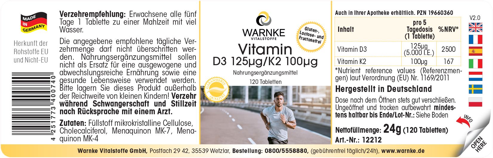 Étiquette d'un emballage de pilules avec l'inscription : Warnke Vitalstoffe Vitamin D3 125µg/K2 100µg. Contient des informations sur les ingrédients et le dosage.