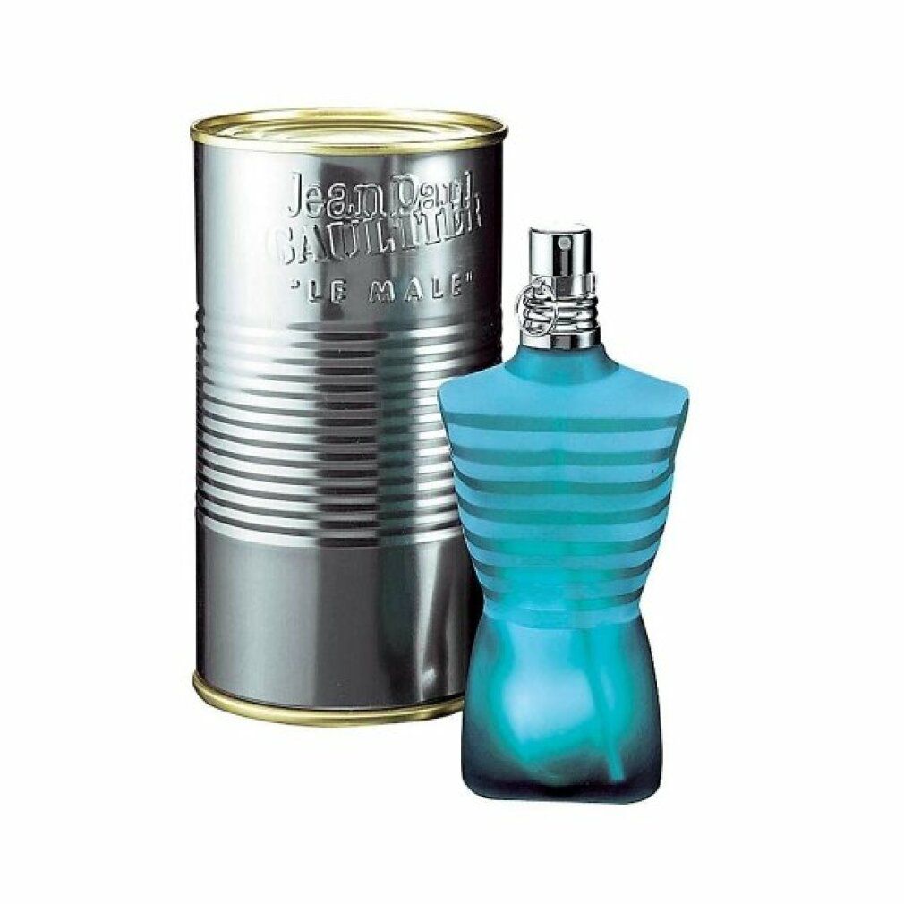 Flacon de parfum en forme de torse et boîte. Boîte avec inscription "Jean Paul Gaultier LE MALE". Flacon à rayures bleues.