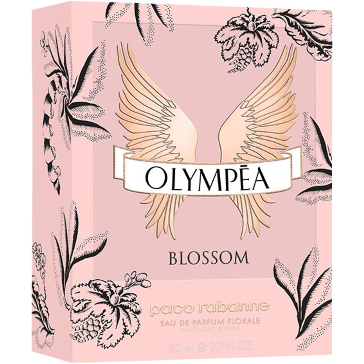 Roze doos met vleugelmotief en opschrift Olympéa Blossom. Opschrift Paco Rabanne. Bloemendesign.