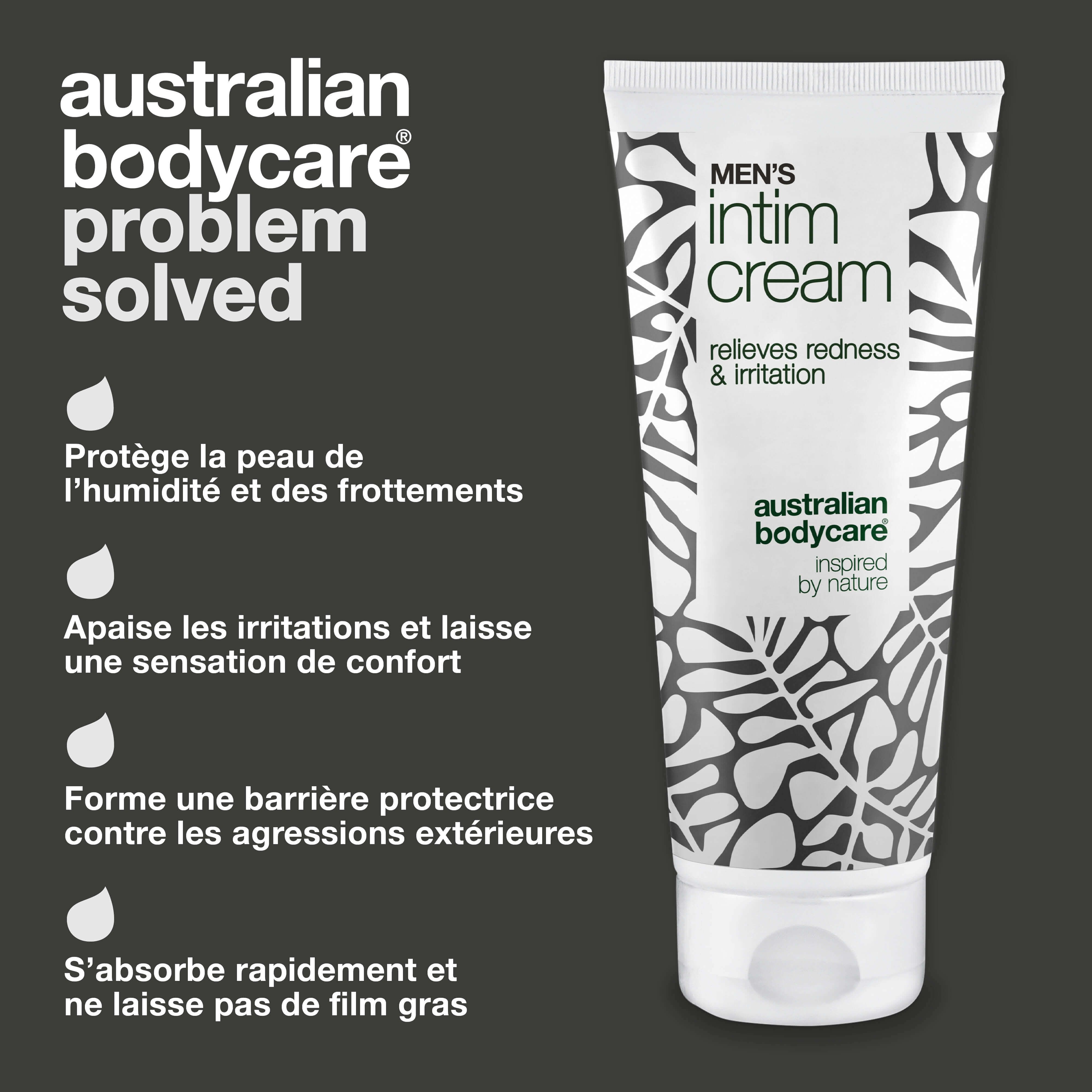 Image du produit. Tube de crème intime. Texte: Protège de l'humidité et des frottements, apaise les irritations, forme une barrière, absorption rapide.