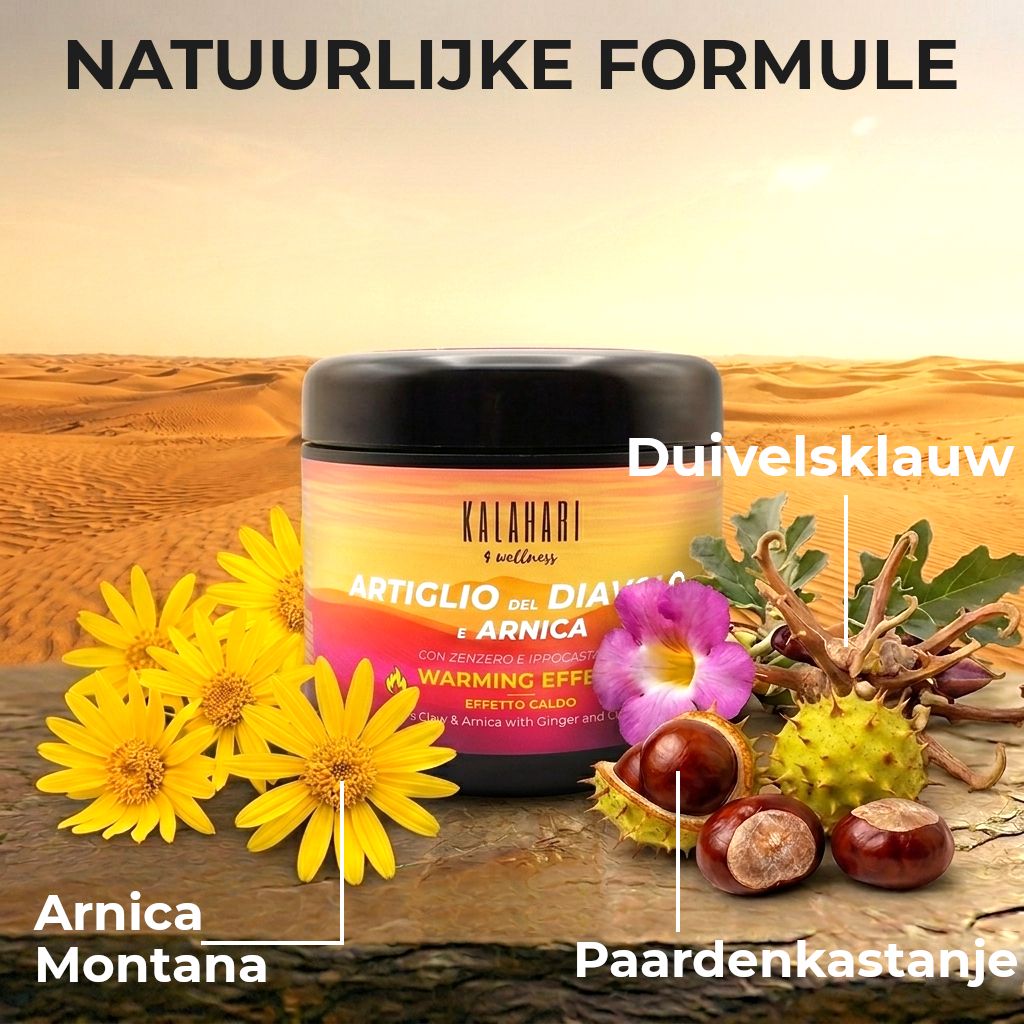 Pot met duivelsklauw, arnica, gember, paardenkastanje. Woestijnlandschap.