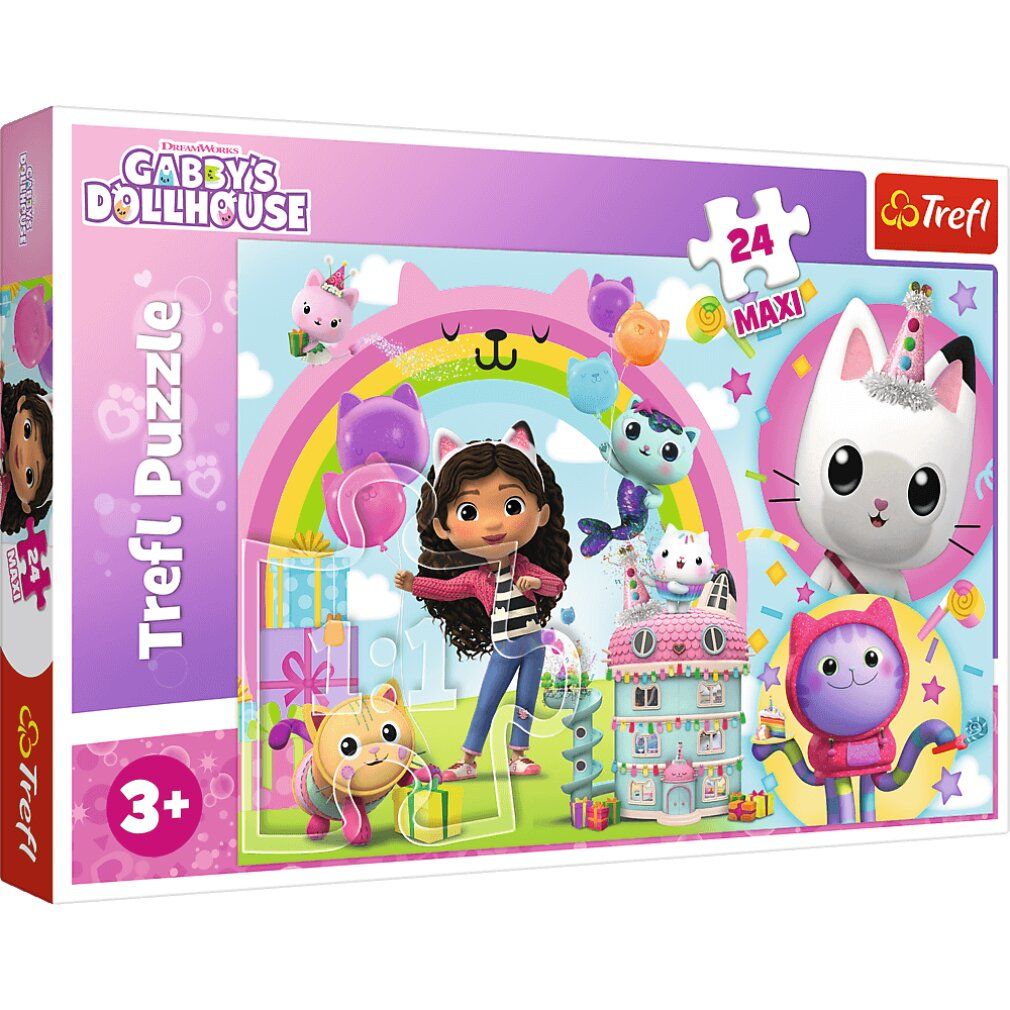 Verpakking van de puzzel Gabby's Magic House. De puzzel toont Gabby en kattenfiguren. Merk Trefl.