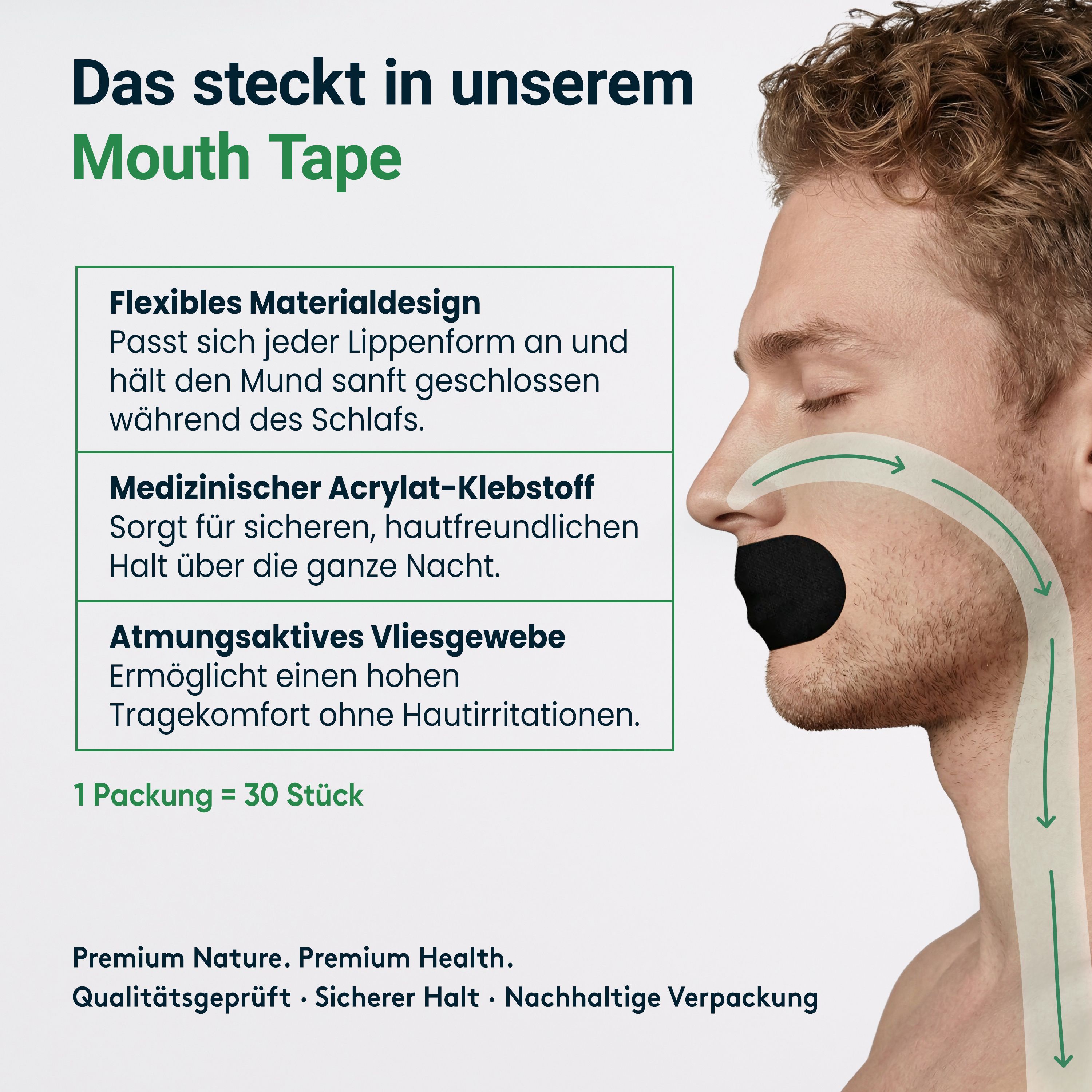 Man met mondpleister. Tekst: Flexibel materiaalontwerp, medische acrylkleefstof, ademende vliesstof. 1 verpakking = 30 stuks.