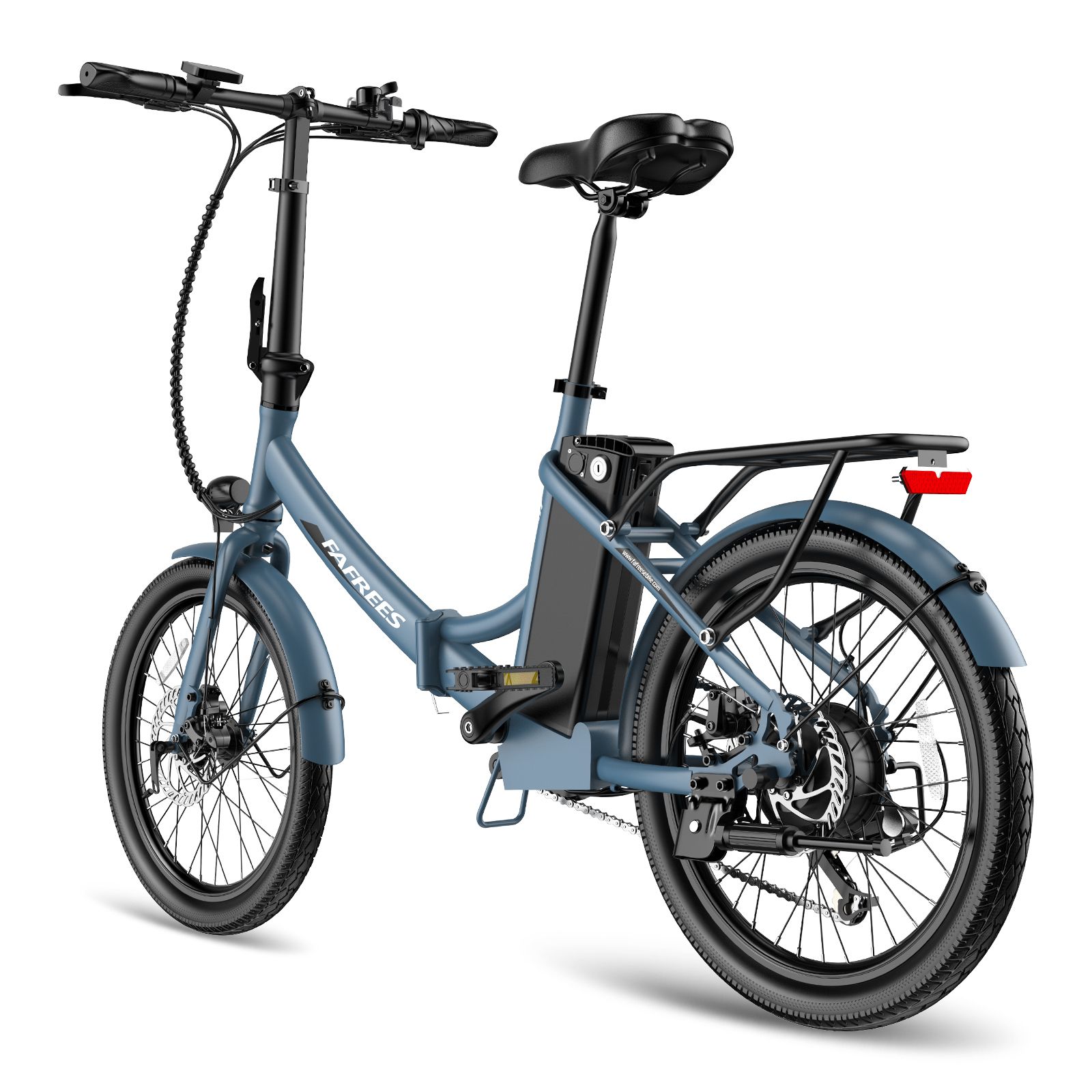 Vélo électrique Fafrees F20Light bleu, vue arrière. Pneus noirs, porte-bagages, batterie et selle. Feu arrière.