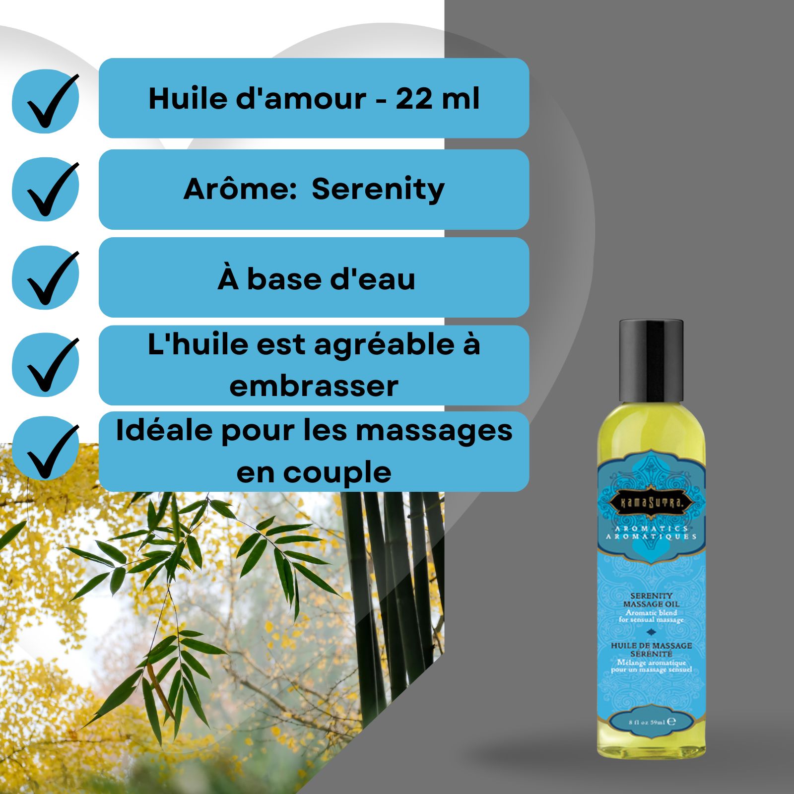 Huile d'amour Kamasutra Serenity, 22ml. À base d'eau. Idéale pour les massages en couple. Flacon à côté.