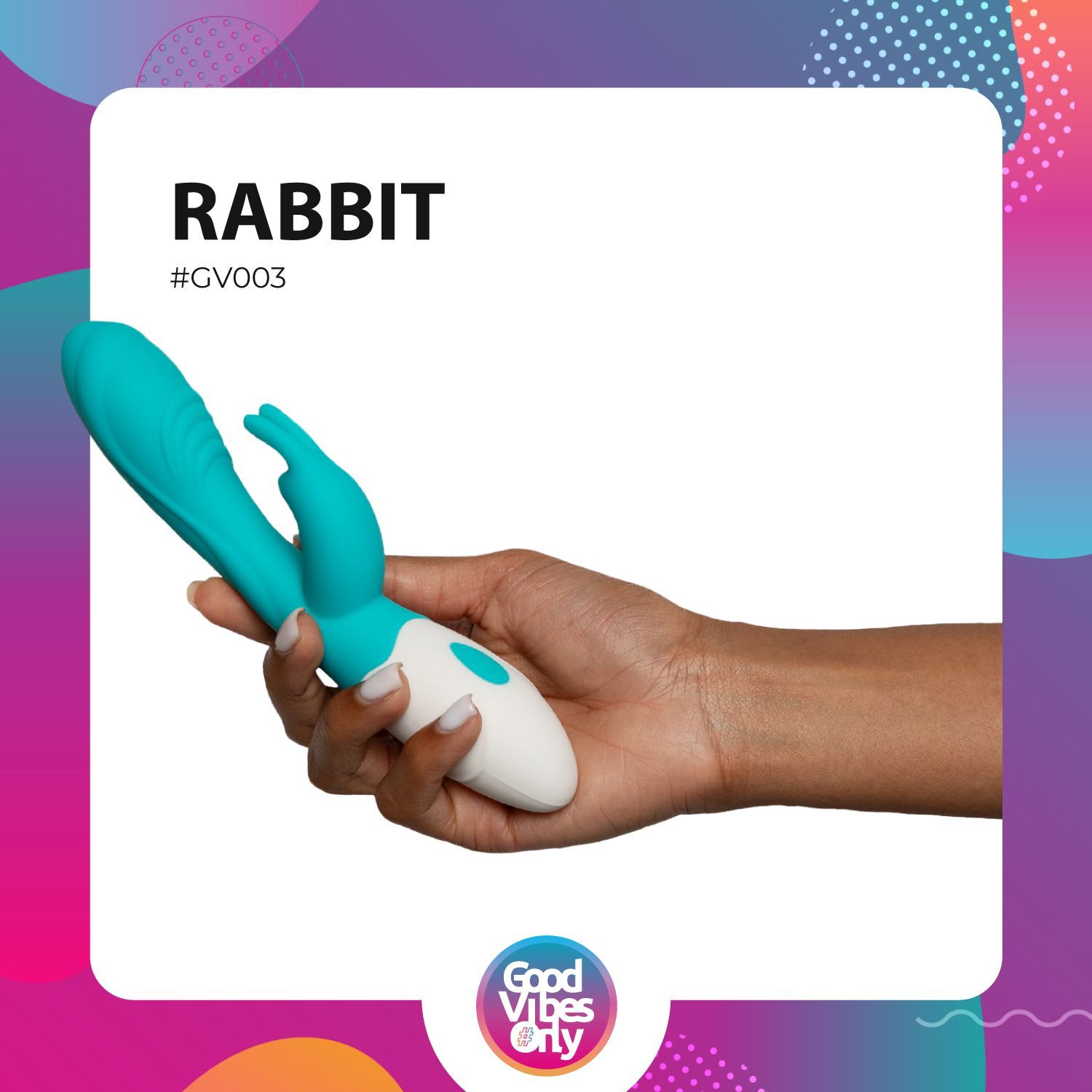 Turquoise-wit wellnessproduct in hand. Opschrift: RABBIT, #GV003, Good Vibes Only.