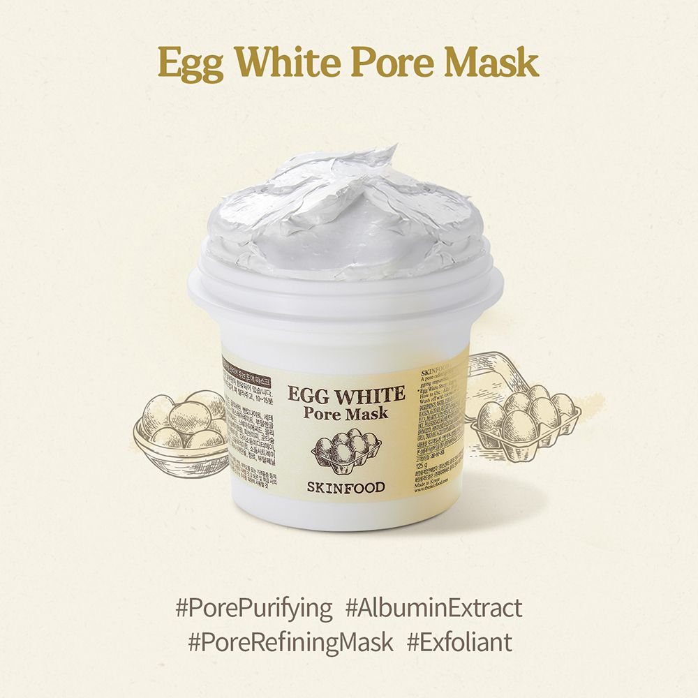 Pot avec masque, œufs et illustrations. Texte: Egg White Pore Mask, Skinfood.