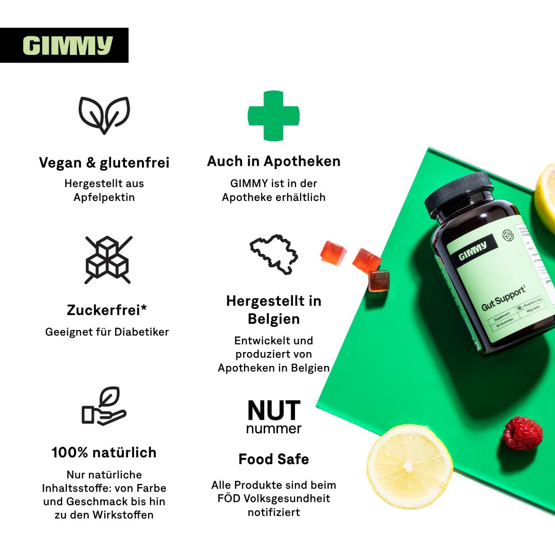 GIMMY Gut Support. Bouteille brune, cubes gélifiés, citrons, framboises. Texte : Végétalien, sans gluten, sans sucre, fabriqué en Belgique, Food Safe.
