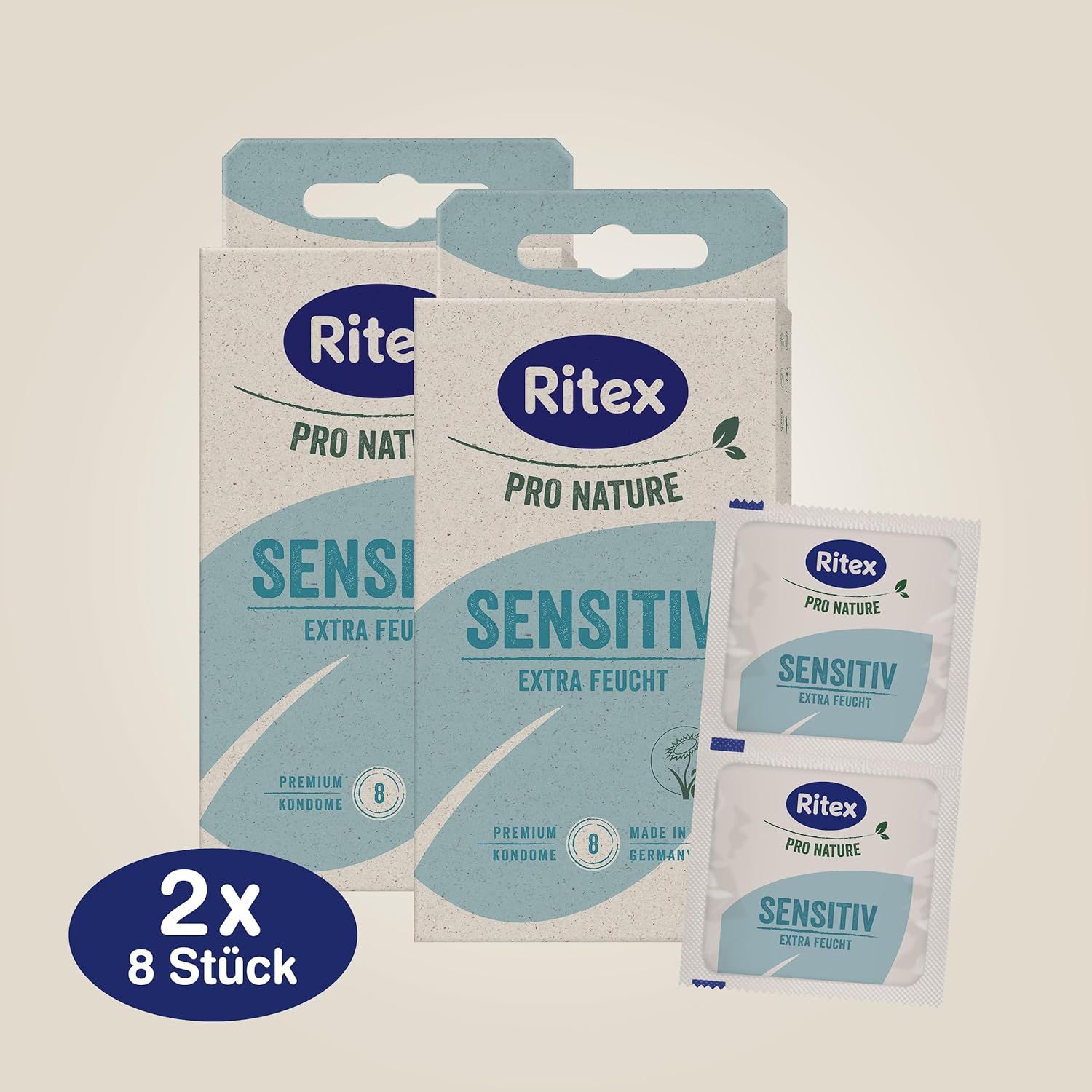 Plusieurs boîtes et préservatifs individuels Ritex Pro Nature Sensitiv extra feucht. Emballage avec logo et nom du produit. 2x8 pièces.