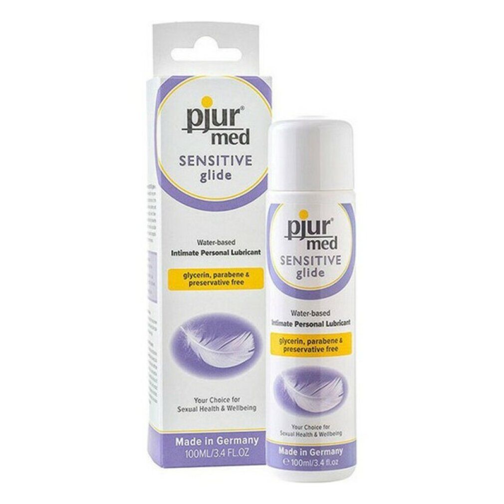 Verpakking en fles. Opschrift: pjur med Sensitive Glide. Intieme glijmiddel op waterbasis. Zonder glycerine, parabenen en conserveringsmiddelen.