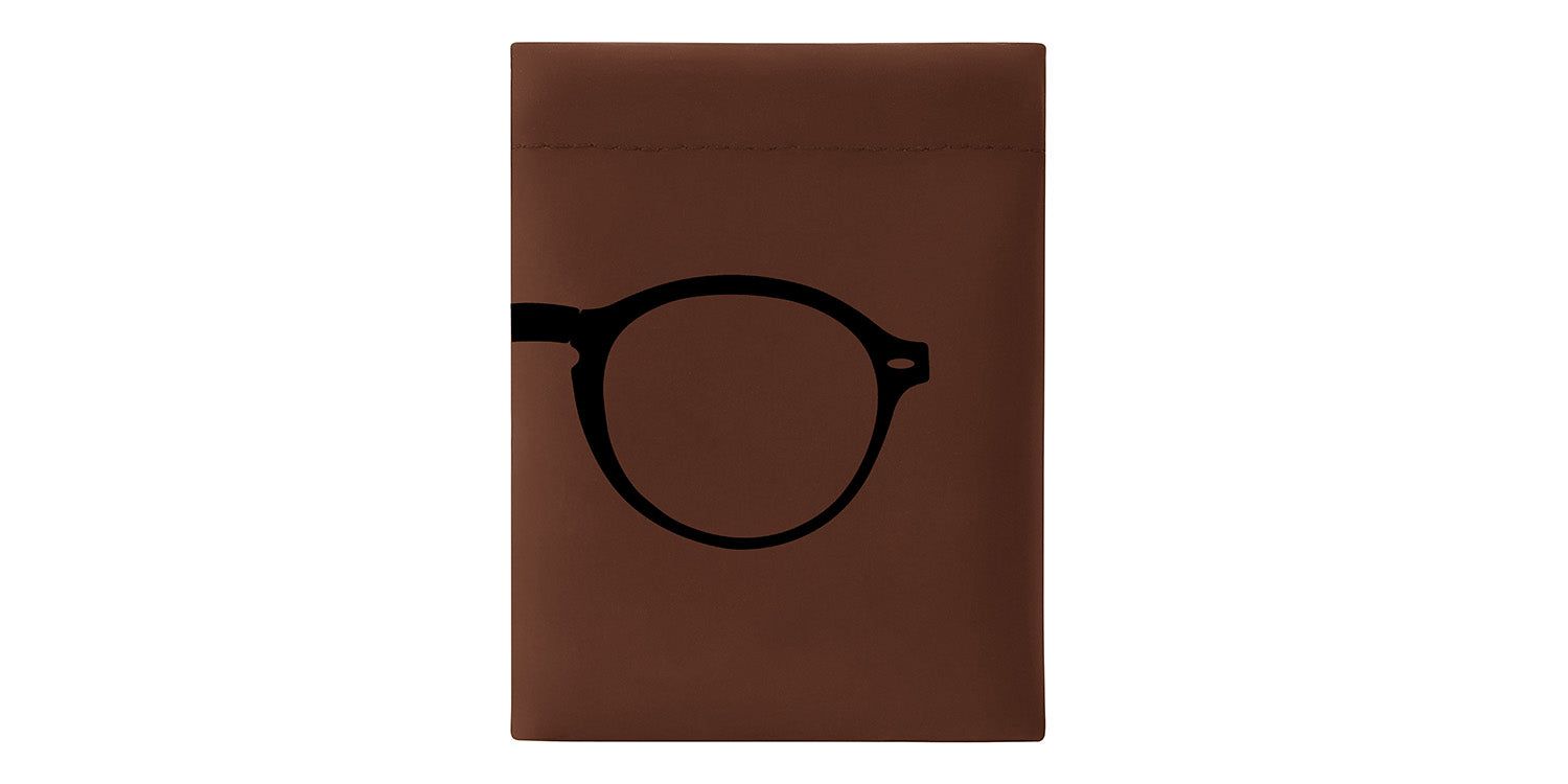 Étui de protection marron avec silhouette de lunettes. Forme de lunettes noire sur l'étui.