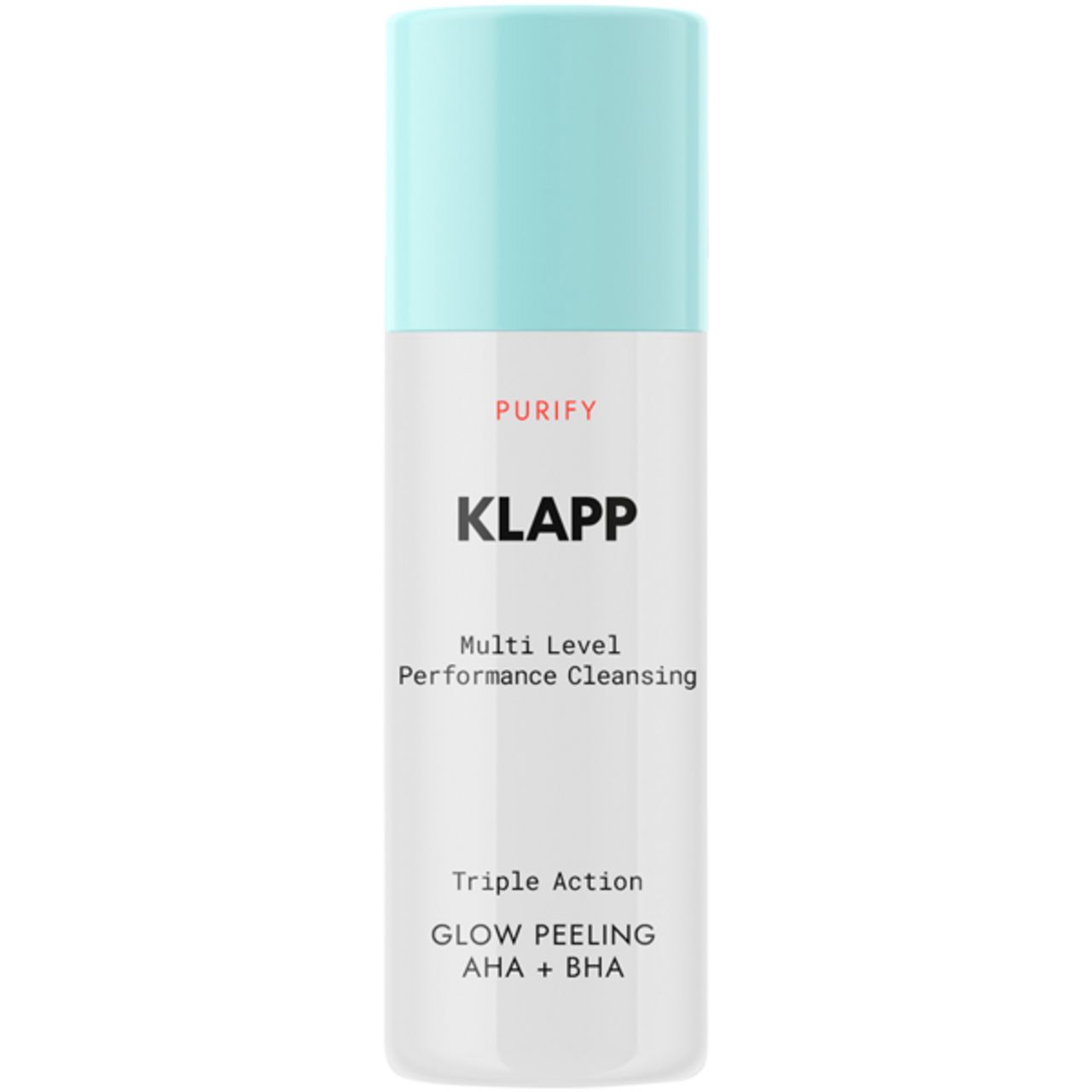 Flacon Klapp avec bouchon bleu clair. Inscription: PURIFY, Multi Level Performance Cleansing, Triple Action, GLOW PEELING AHA + BHA.