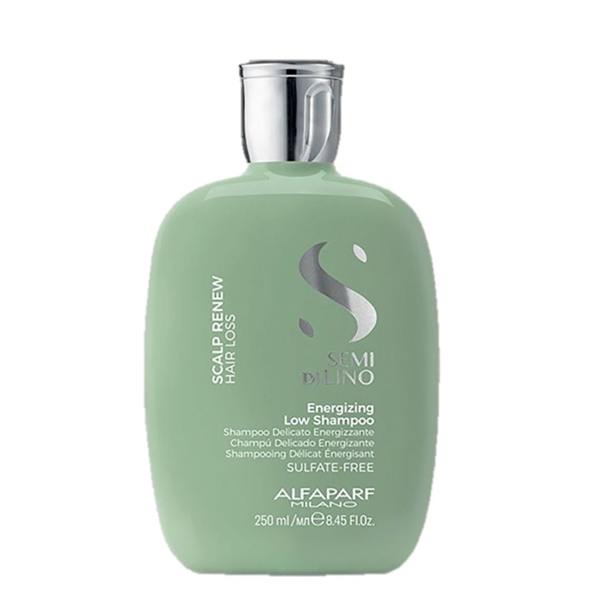 Flacon de shampoing vert avec bouchon argenté. Logo "Semi Di Lino" et informations produit sur le devant.