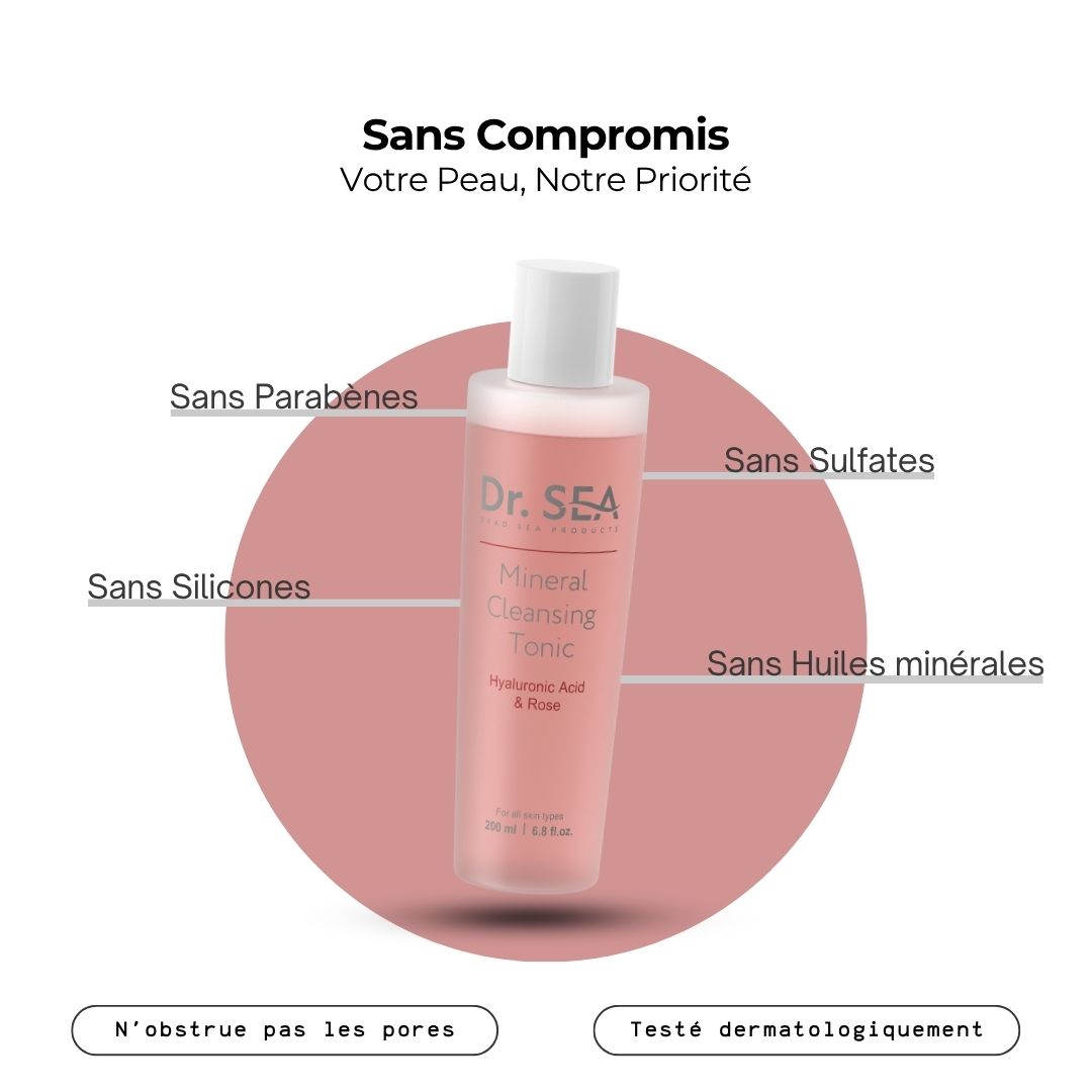 Flacon de tonique rose avec texte. Inscription : Dr. Sea, Mineral Cleansing Tonic, Acide Hyaluronique & Rose. 200 ml. Texte sur les ingrédients.