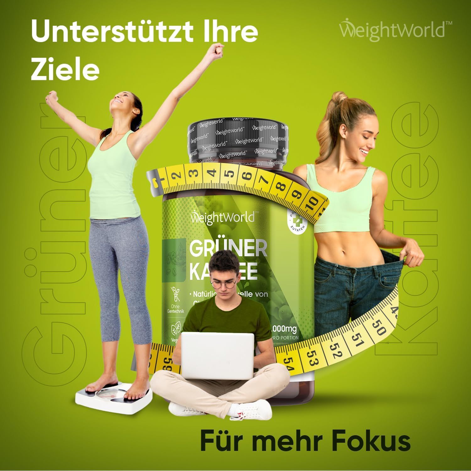 WeightWorld Groene Koffie capsules met meetlint en mensen die doelen bereiken.
