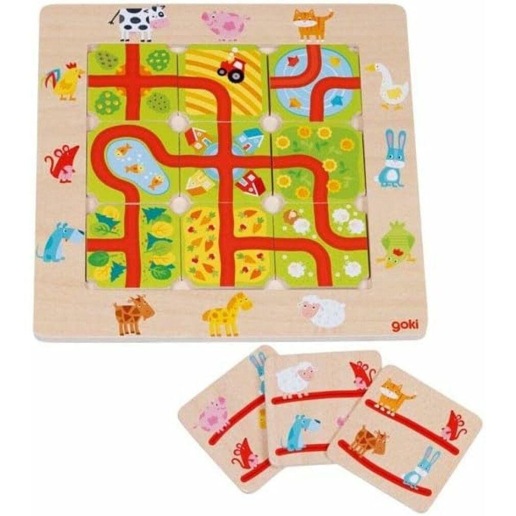 Houten puzzel met dieren en wegen. Het bord is vierkant met puzzelstukjes. Goki-logo rechtsonder.