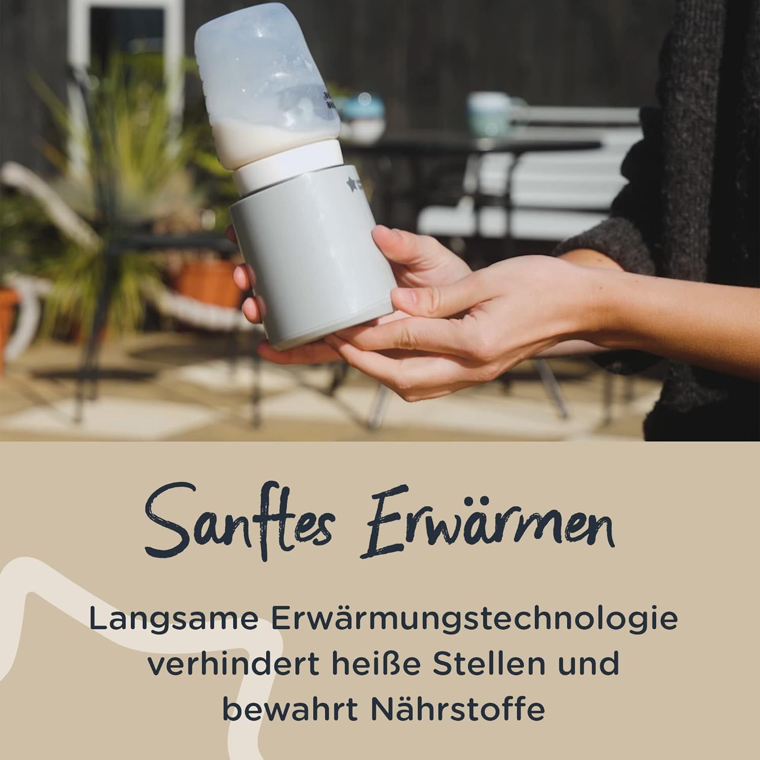 Mains tenant un chauffe-biberon portable avec biberon. Texte : Chauffage doux. Logo Tommee Tippee.