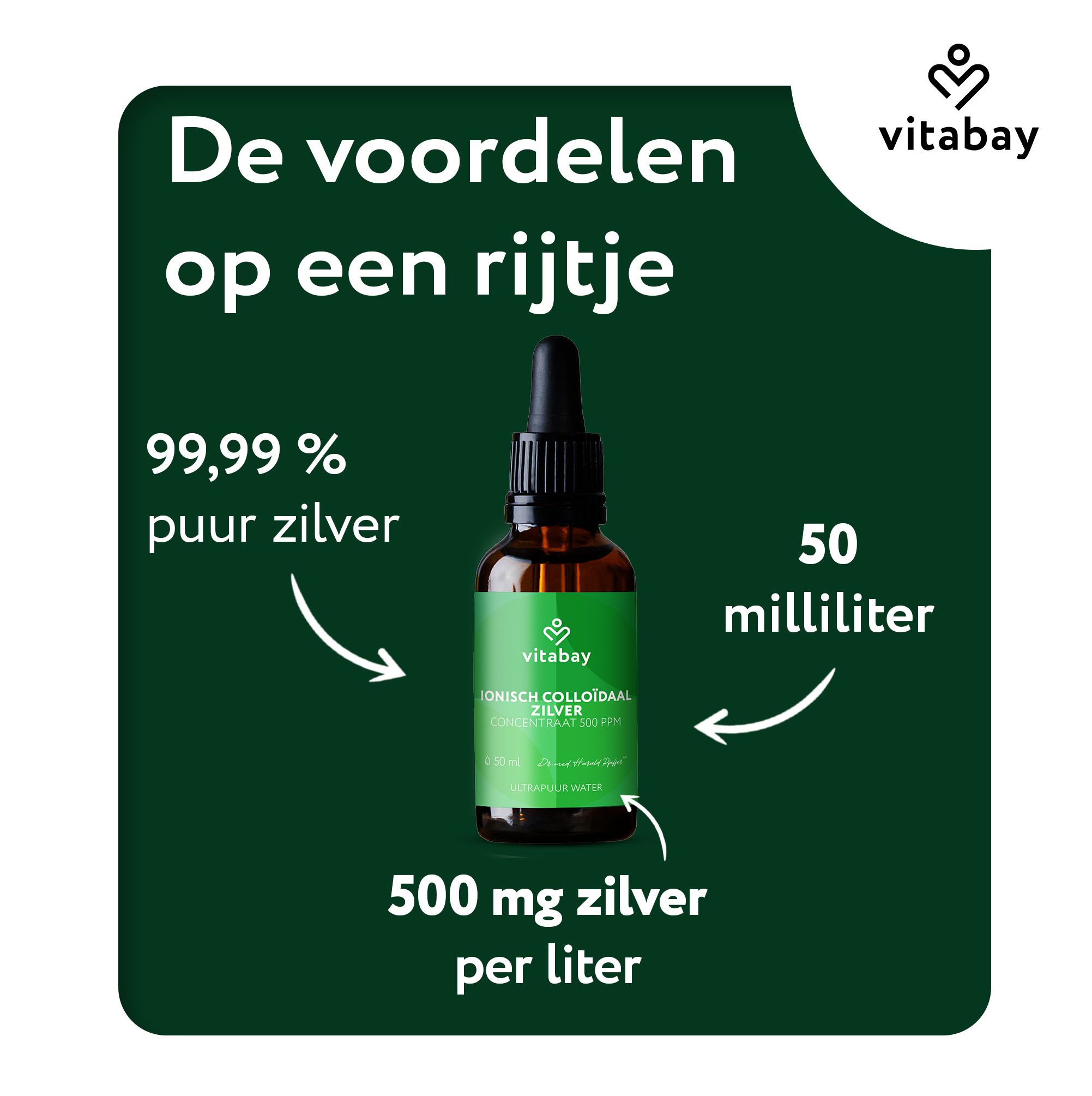 Achterkant van een blauwe glazen fles met druppelaar, Colloïdaal Zilver Concentraat 500 PPM, 50ml, met etiket.