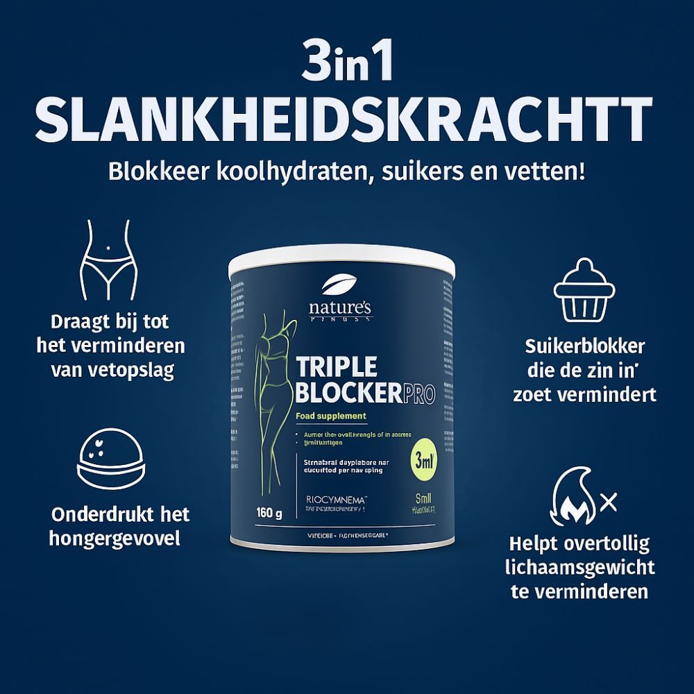 Vrouw houdt pot Nature's Finest Triple Blocker PRO vast. 3-in-1 afslanksupplement. 150 g.