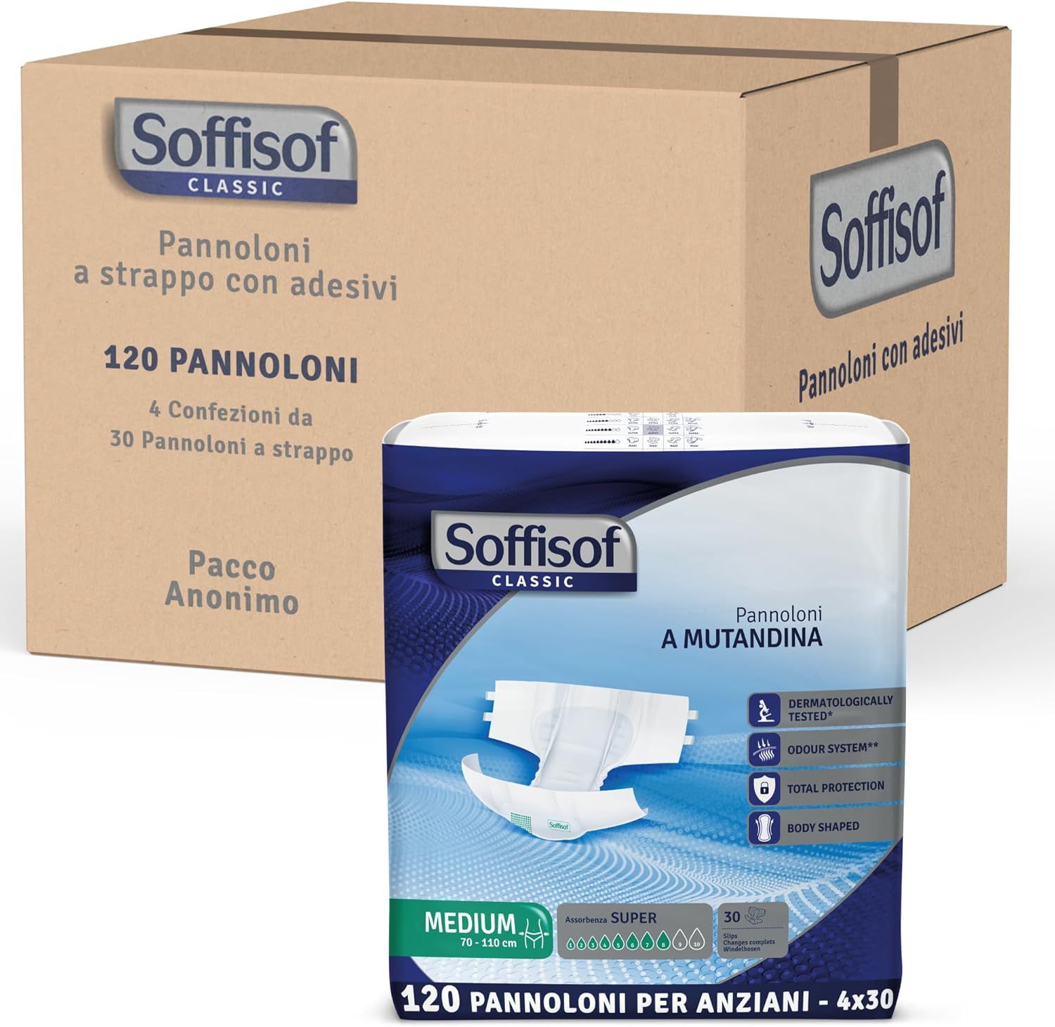 Soffisof Classic Super pour adultes. Emballage avec couches et carton.