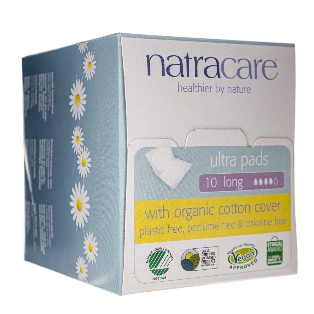 Boîte de 10 serviettes hygiéniques Natracare Ultra Pads longues, avec voile en coton bio, sans plastique, sans parfum, sans chlore.