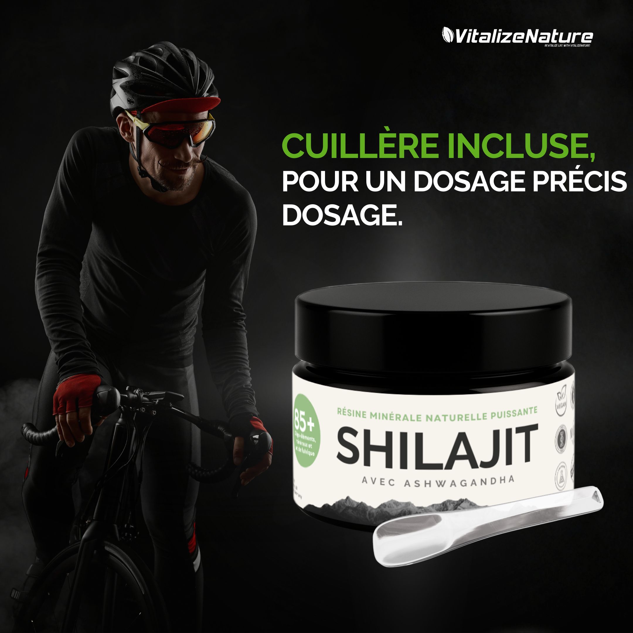 Pot de produit avec cuillère. Shilajit avec Ashwagandha. Cuillère incluse pour un dosage précis. Cycliste.