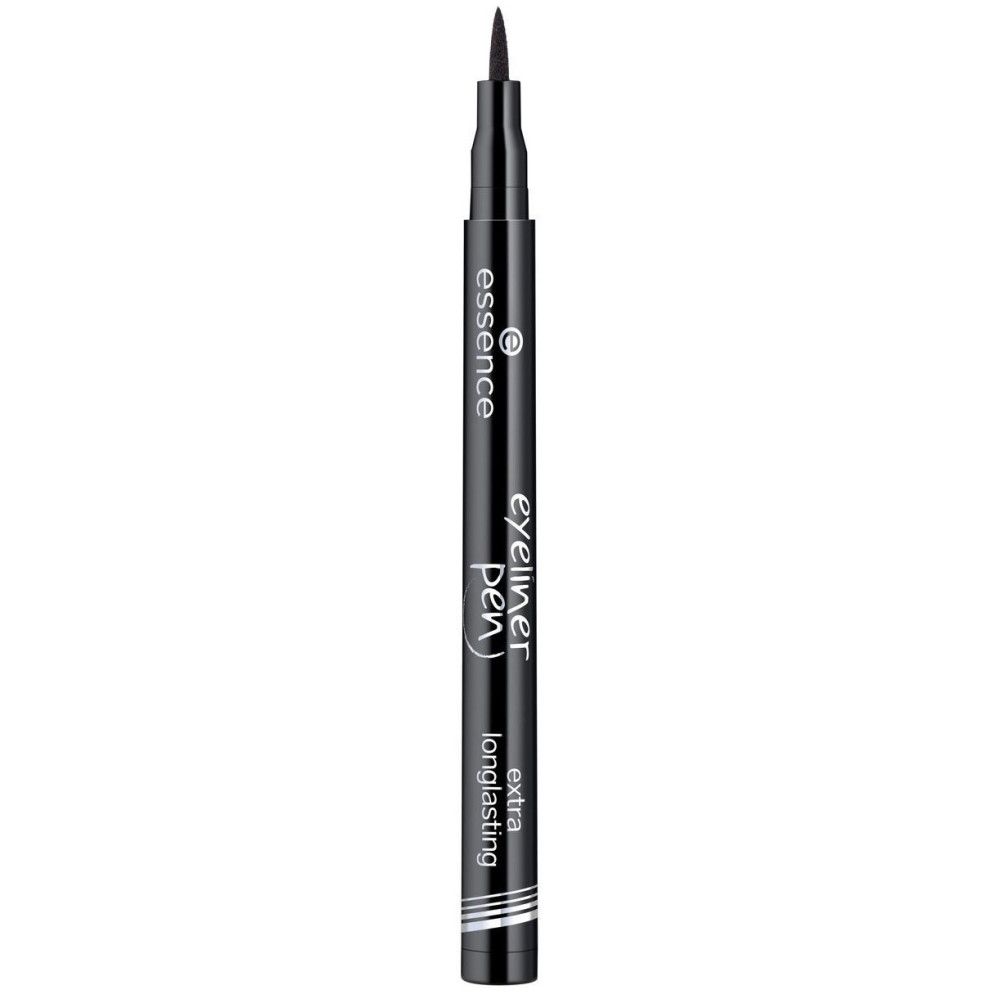 Essence Eyeliner Pen Extra Langanhaltend. Stylo eyeliner noir à pointe fine. Nom et marque du produit visibles.