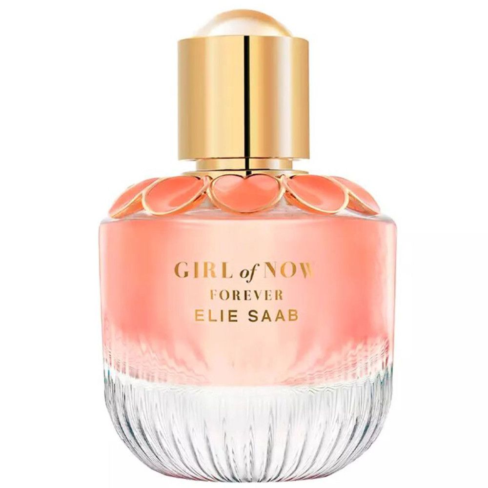 Flacon d'Elie Saab Girl of Now Forever Eau de Parfum avec bouchon doré et applications florales roses.