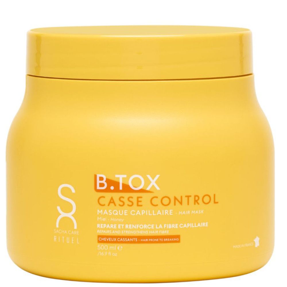 Gesloten geel potje. Tekst: B.TOX Casse Control, Masque Capillaire. Volume: 500 ml. Merk: Sacha Care.